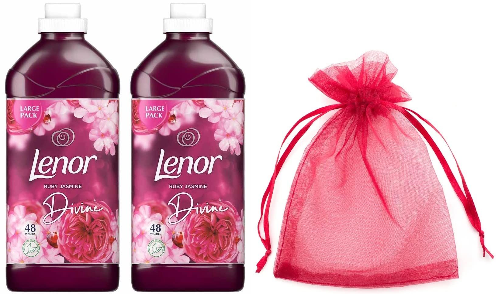 Lenor Fabric Conditioner, Large Pack, Pack of Two, 2 x 48 Washes, 2 x 1.68 L, Ruby Jasmine Scent + Our Gift for You - Organza Bag Size 9 x 7 x 0.1 cm