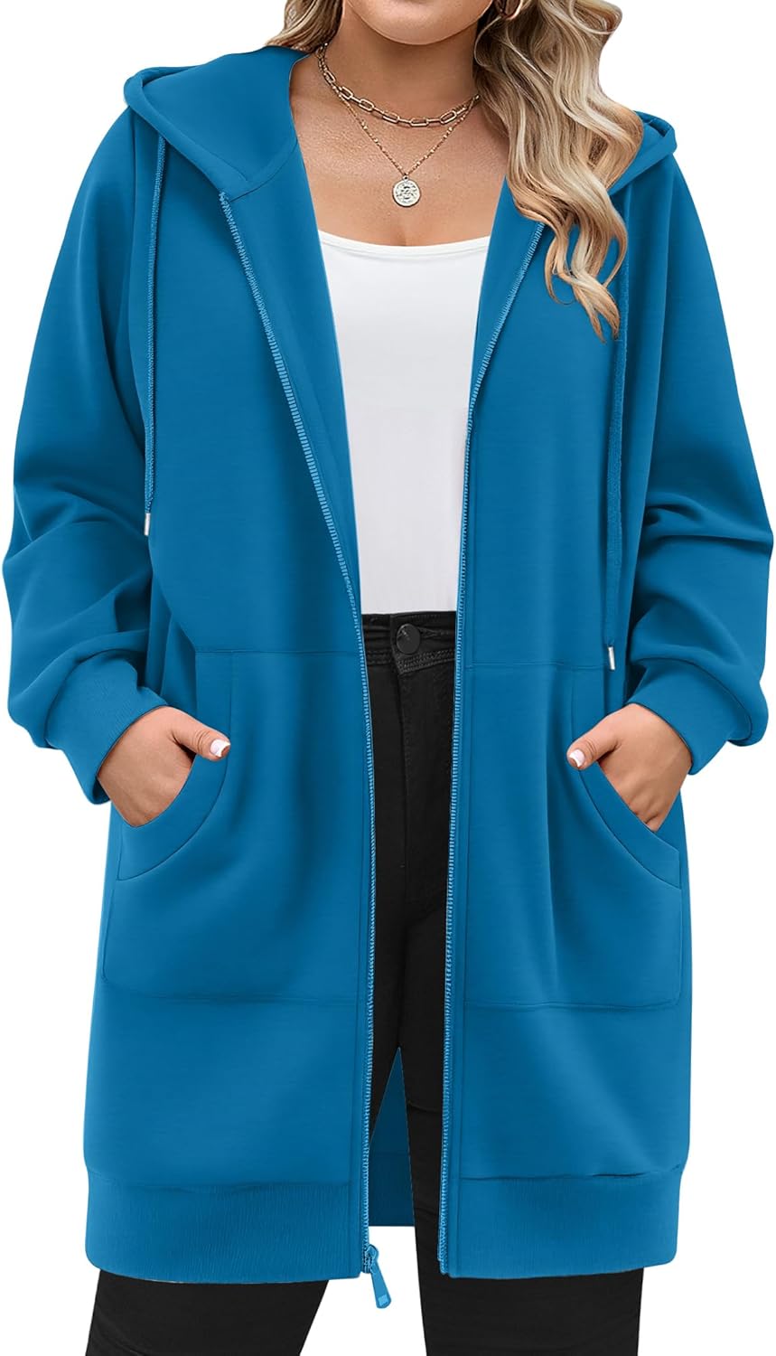 IN'VOLAND Women Plus Size Zip Up Hoodies Long Sleeve Tunic Sweatshirt Long Fleece Hoodie Jacket with Pockets
