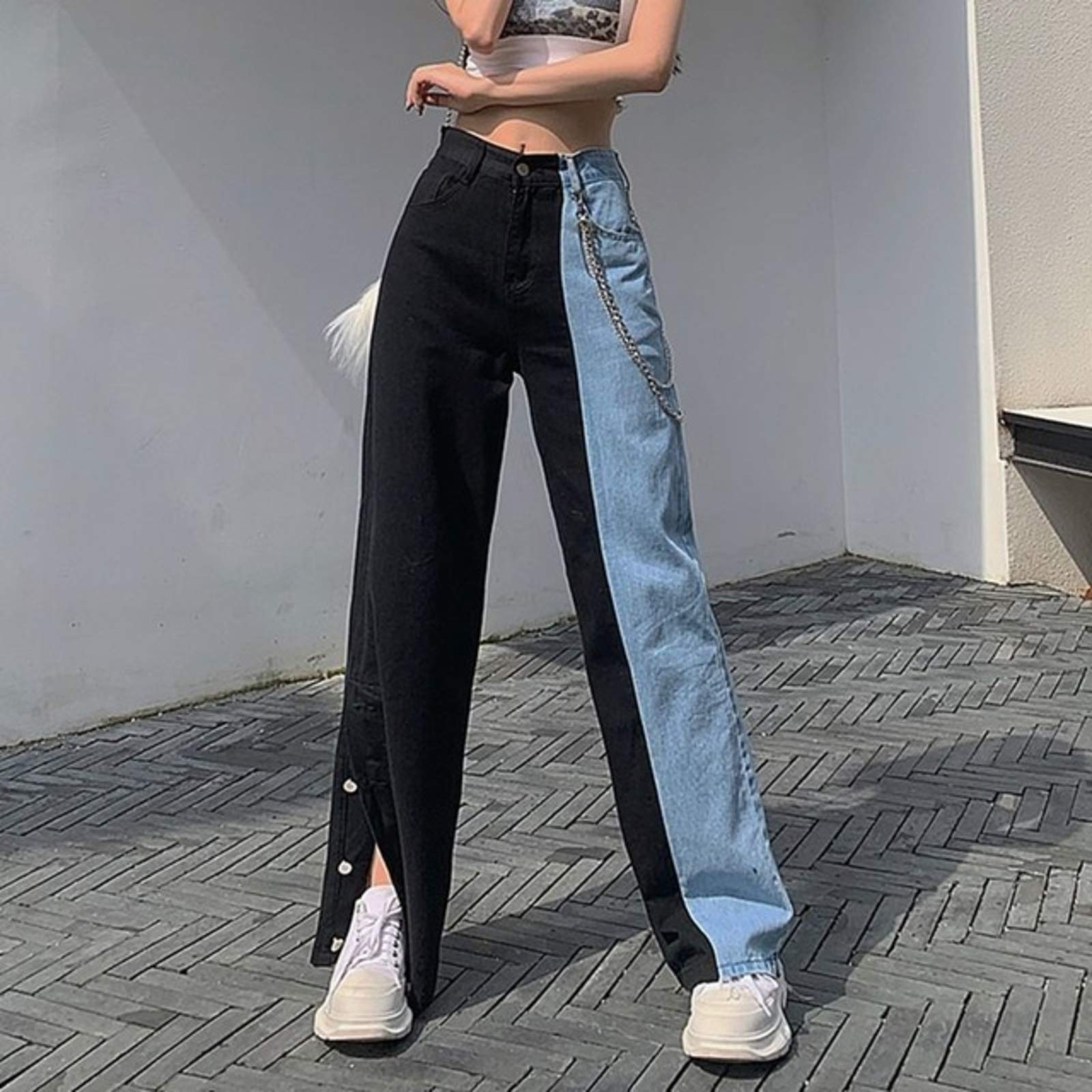 Jeans larges retro pour femme en denim fluide a taille haute et fente