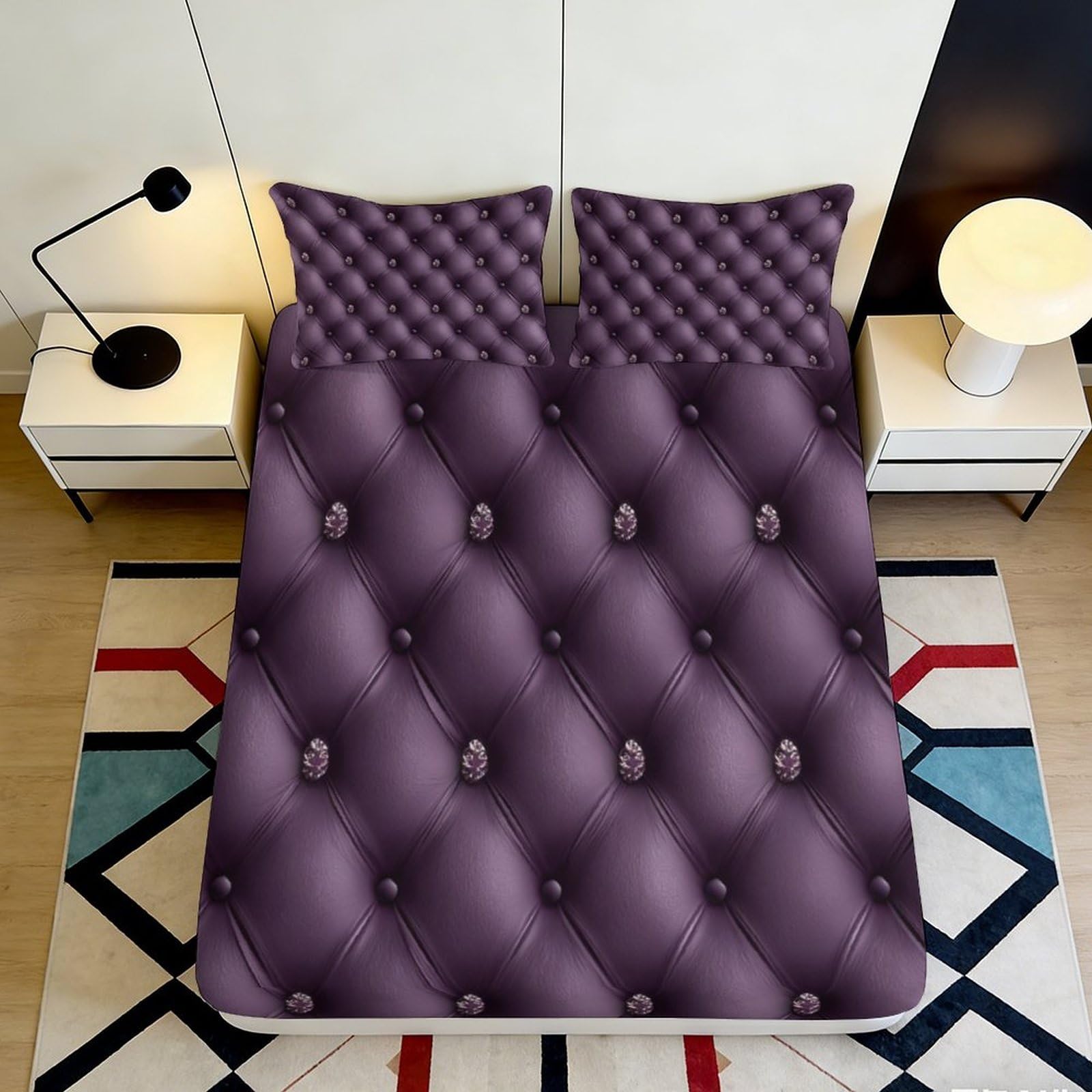 3D Printed tufted purple Fitted Sheet, soft touch Microfiber, wrinkle resistant, bedroom bed cover, apartment bedding decor, easy care, 100-120cm 90x200x25cm