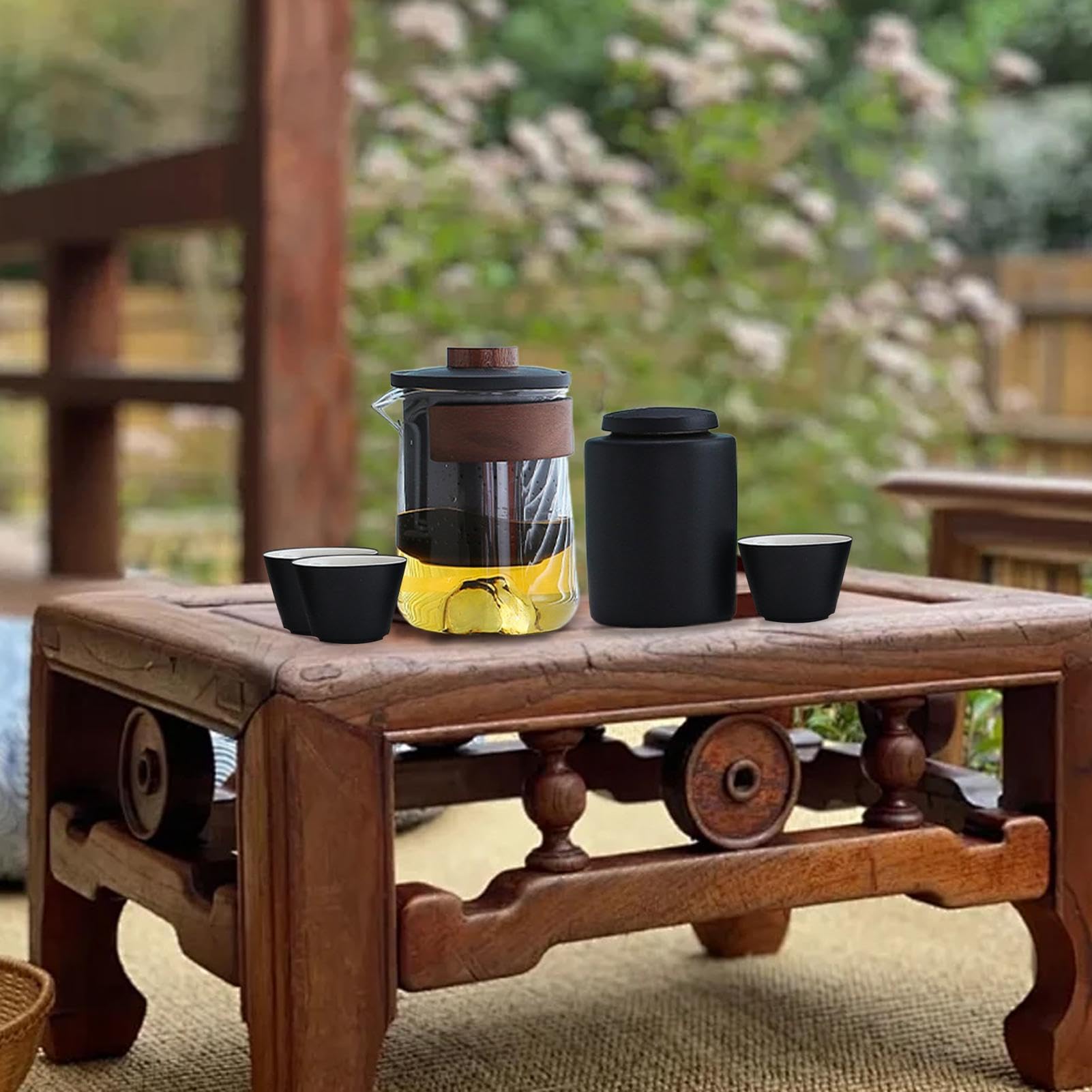 Juego de Té de Viaje con de - Juego de Té Resistente al Calor, Juego de Té | Compacto Portátil Con, Colador De Té, Bandeja De Té, 3 Tazas Y Bolsa De Almacenamiento Para Acampar