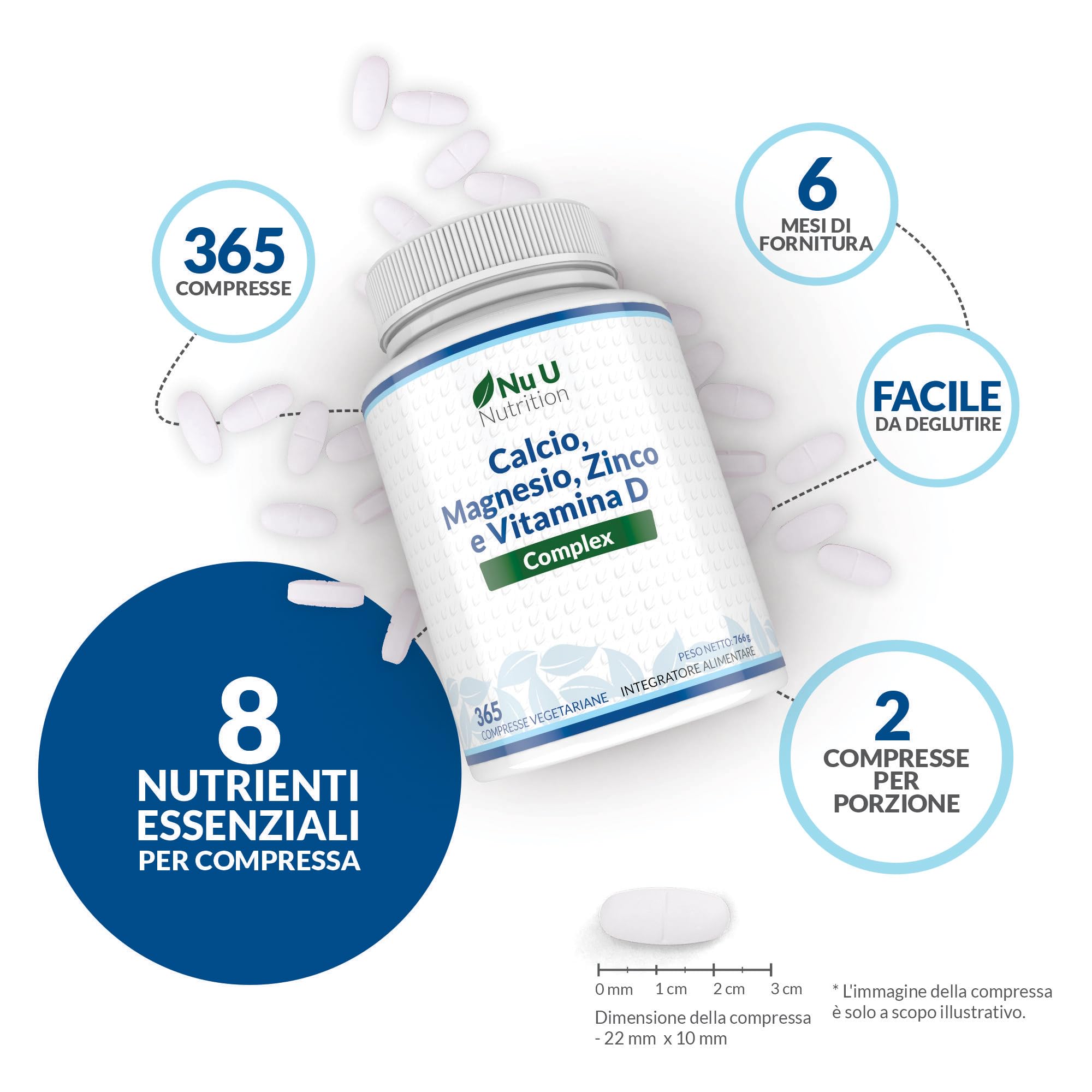 Calcio, Magnesio, Zinco e Vitamina D3 ad Alto Dosaggio - 365 Compresse Vegetariane - Complesso con Selenio, Rame, Manganese e Boro - 6 Mesi di Durata - Prodotto in Europa - Nu U Nutrition