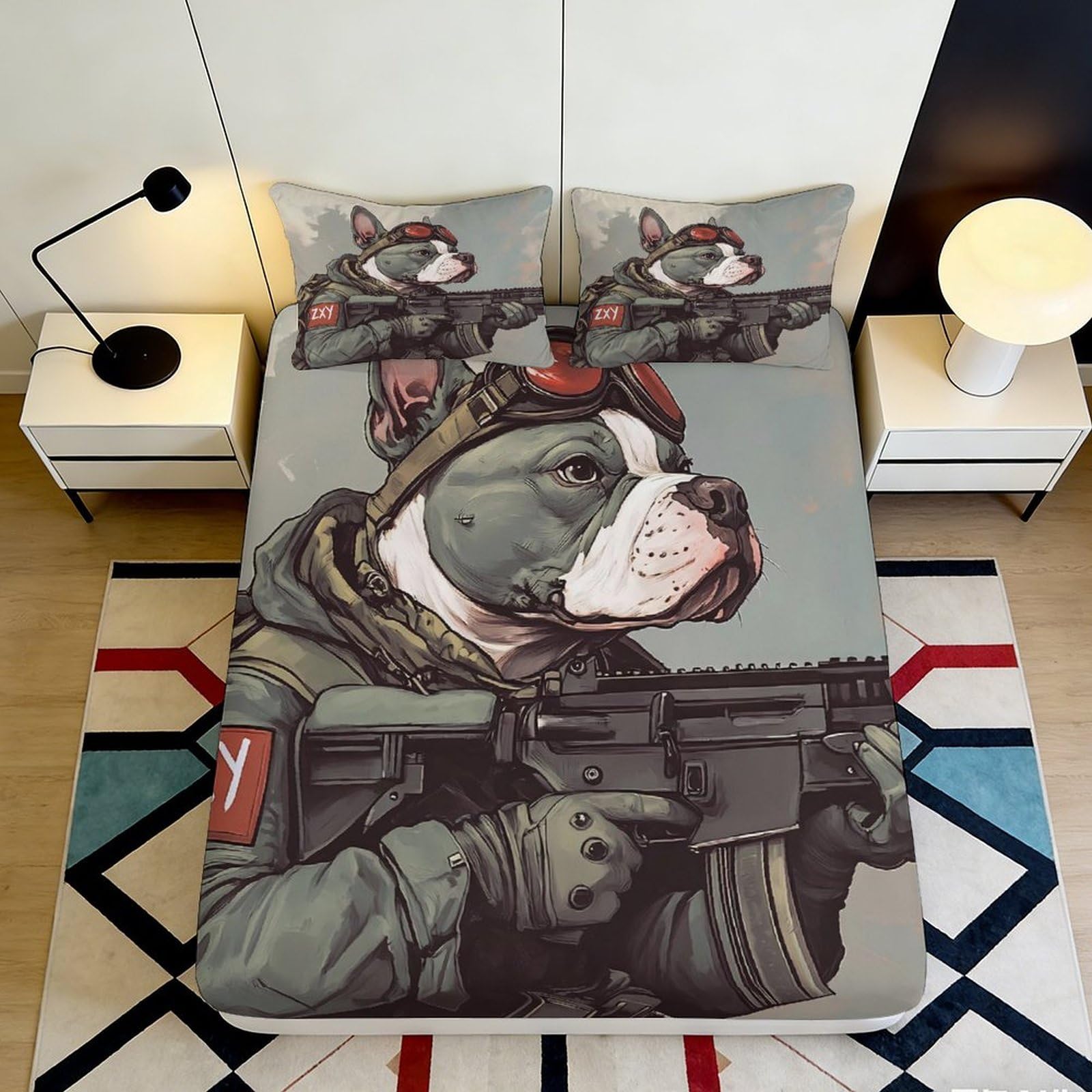 3D Printed Soldier Bulldog Fitted Sheet Microfiber Soft Grey Cartoon Dog Bed Cover for Bedroom Guest Room Decor 160x200x25cm