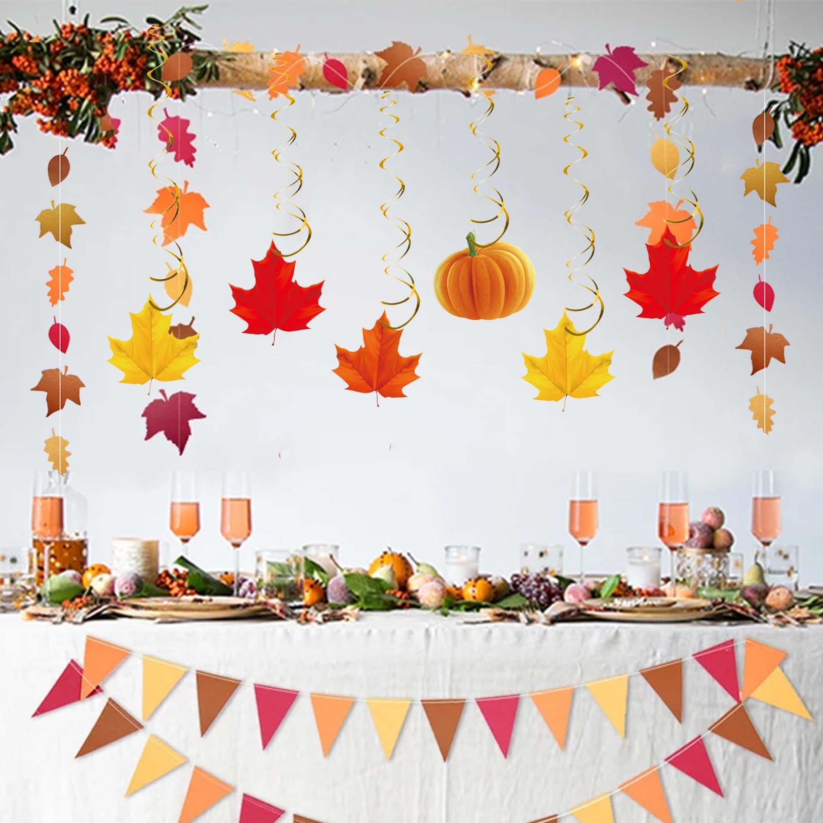 Lot De 12 Spirales Feuilles D'Automne à Suspendre - Décoration Intérieure Thanksgiving Guirlande Banderole Feuilles Érable