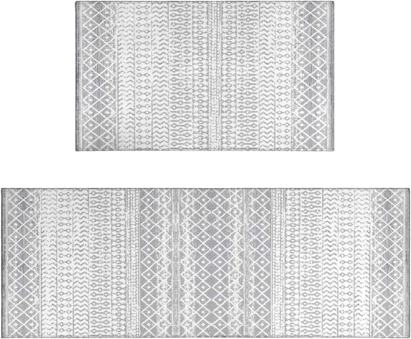 Boho Moroccan Kitchen Rug and Sets 2 Piece Non Skid Washable mat for Kitchen mats for Floor Farmhouse Black Bohemian Kitchen Decor (Grey, one Size) Grey 1'6" x 3'11" (Square)