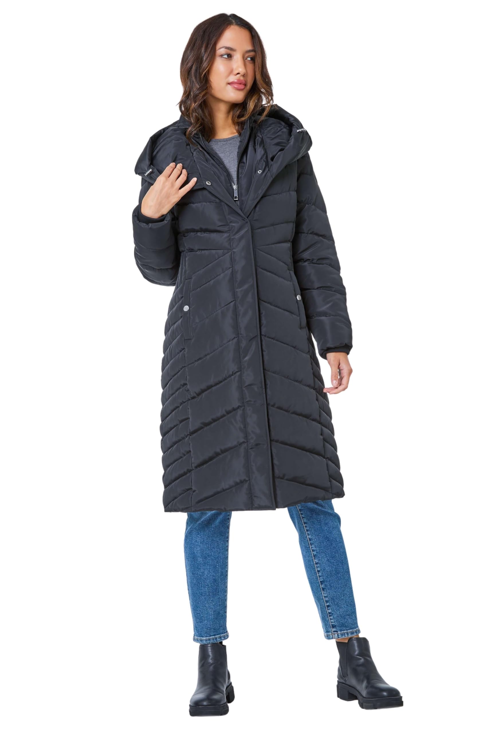 Roman Originals Women's Onyx Padded Coat For Uk - Longline Puffer Winter Quilted Parka Waterproof Rainproof Wind Resistant Thermal Jacket Long Length Warm Zip Hood Puffa Cosy - Size 16