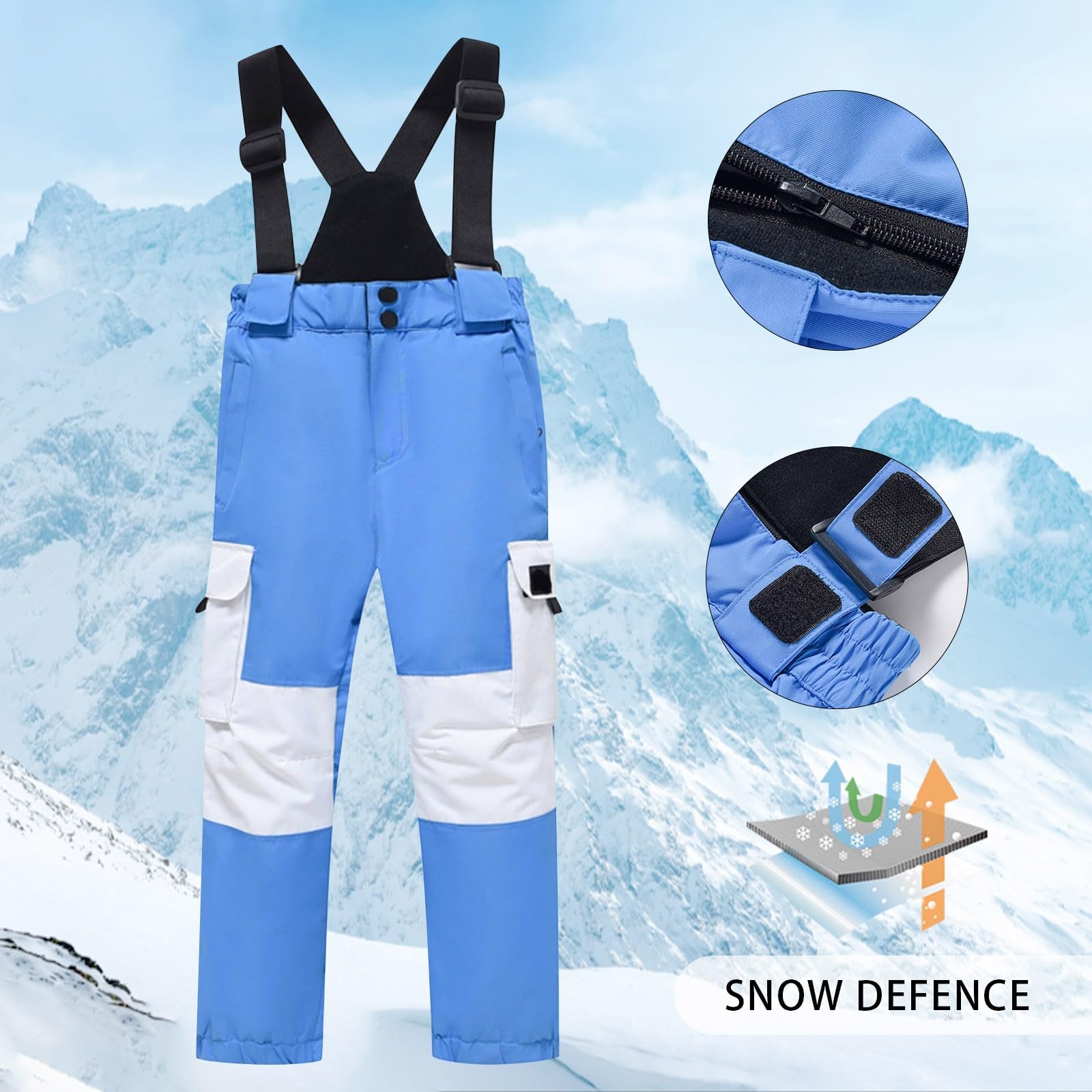 Pantalones de esquí para niños, impermeables, pantalones de nieve con tirantes, bolsillos, pantalones de esquí térmicos para invierno, gruesos y cálidos, a prueba de viento, trajes de nieve para niños