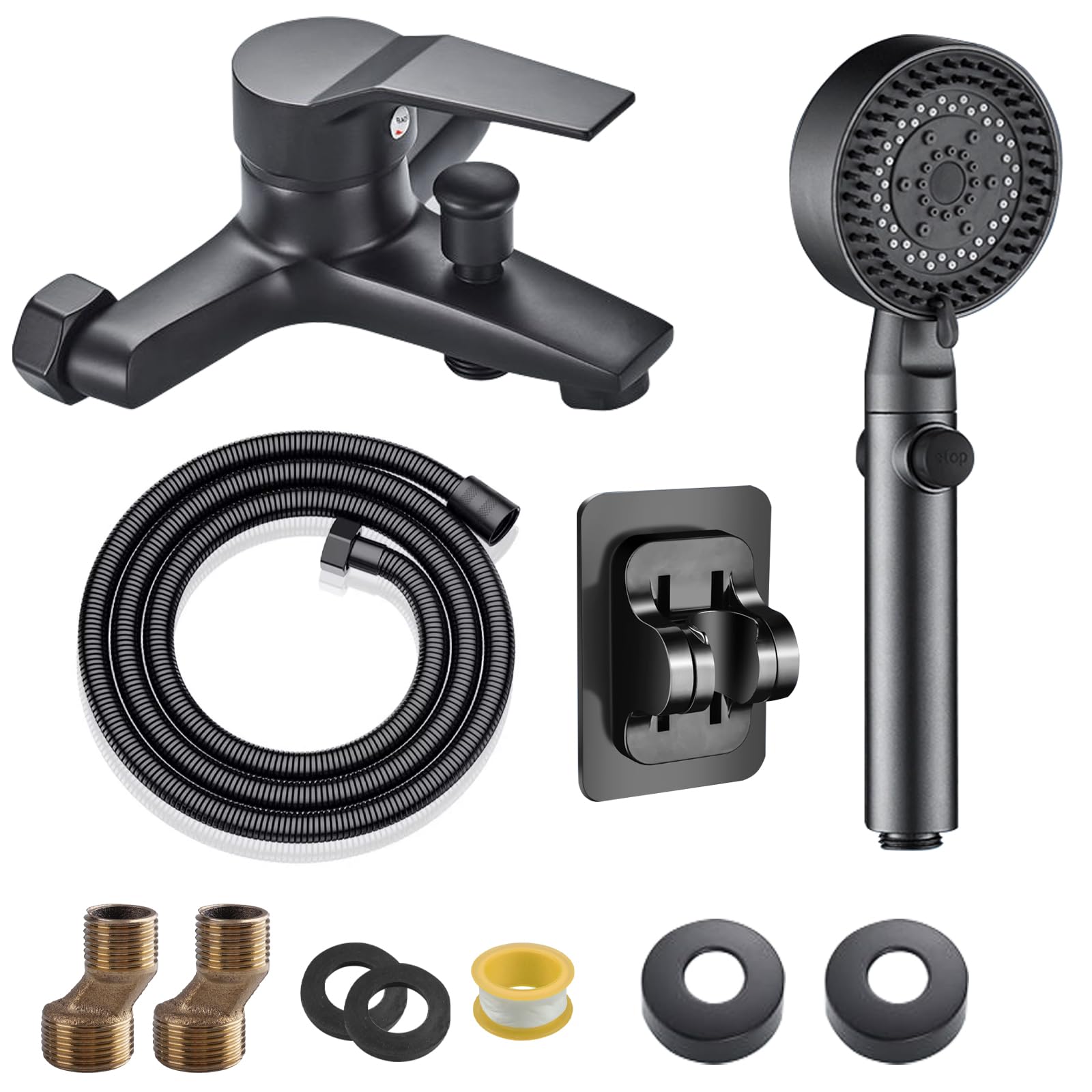 suaywo Bath Shower Mixer Tap Bath Tub Taps Set with 1.5m Stainless Hose & No-Drill Base Bath Mixer Tap with Shower Single Lever Bath Shower for Bathroom, Bathtub & Shower(Black)