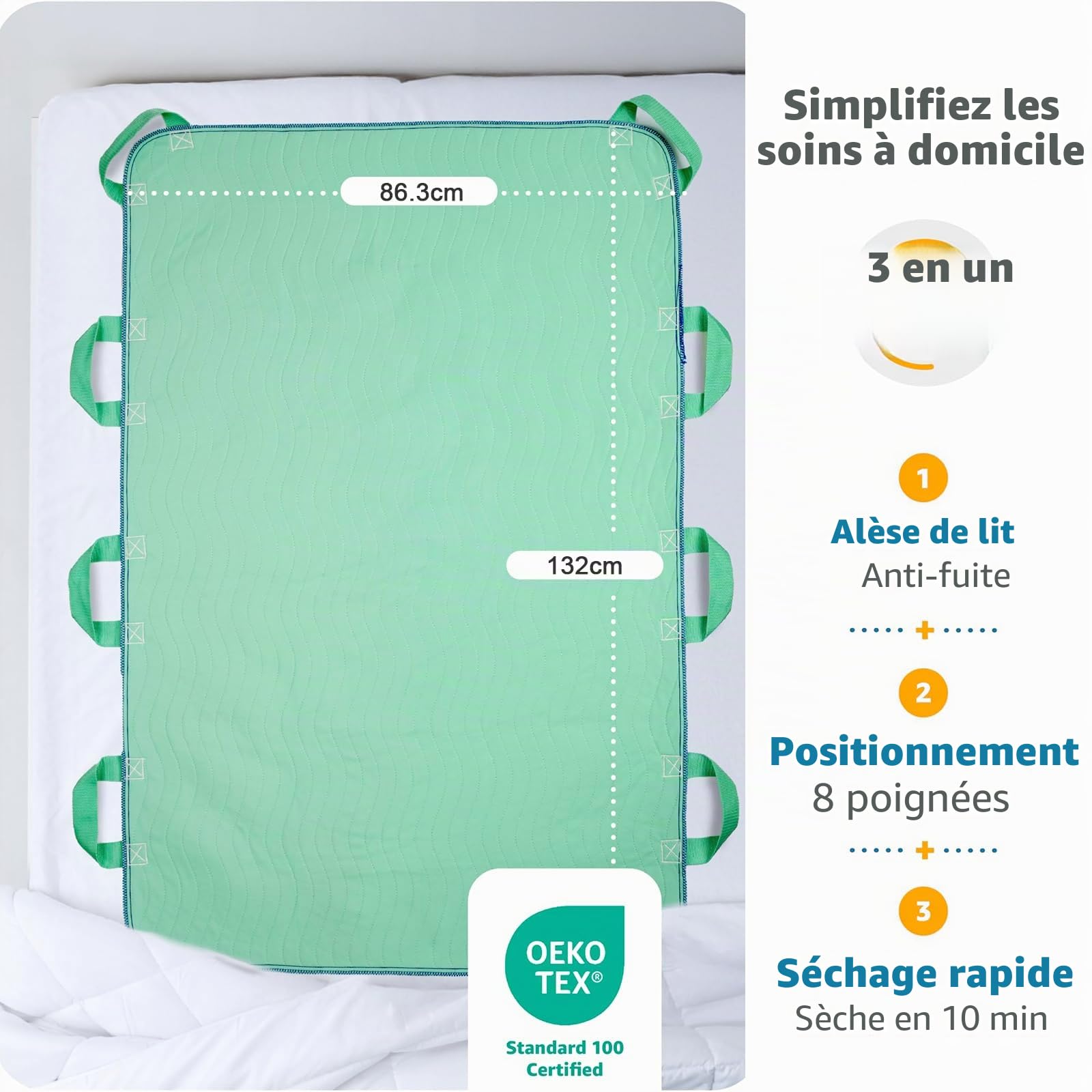 Alèse Imperméable avec 8 Poignées Renforcées, Séchage Rapide 10 Min, Lavable, Absorption 12 oz, pour Personnes Âgées et Incontinentes, 86x132cm