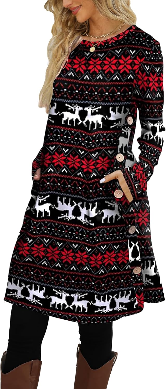 Kikibell Women's Knit Dress Long Sleeve Casual Crew Neck Tunic Dresses with Pockets Button Side Fall Winter Trendy Outfits