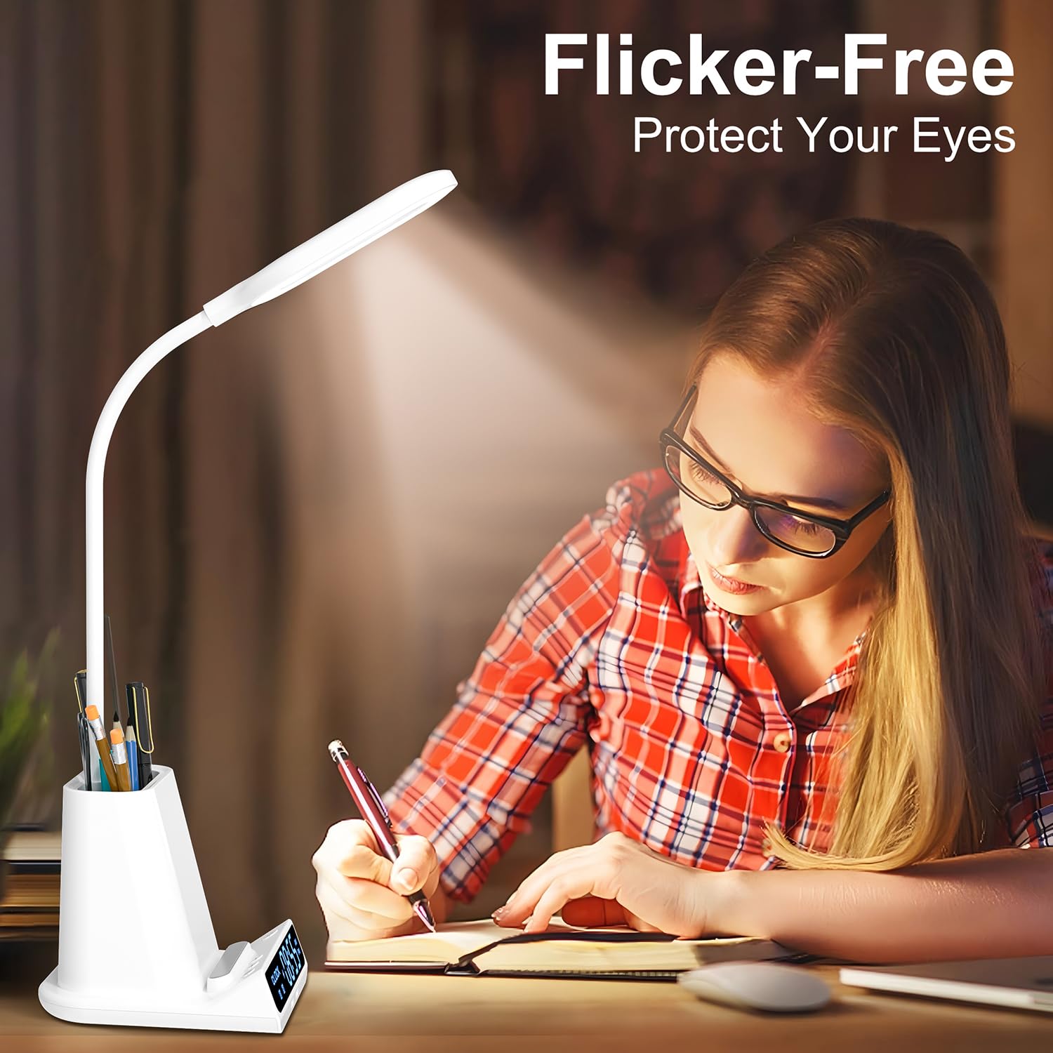 5-en-1 Lampe de Bureau LED Intensité Variable avec Horloge, Réveil, Porte-Stylo et Fonction de Recharge, 3 Couleurs de Lumière,Lampe d'étude, Lampe de Chevet, Lampe de Lecture Veilleuse