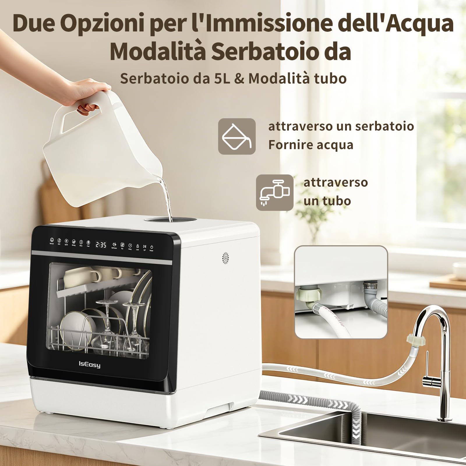 Mini Lavastoviglie da Tavolo, con Funzione di Addolcimento Dell'acqua, Lavastoviglie portatile da 5L, 7+3 Programmi, Touch Control e Display LED, Ideale per Cucine, Apt e Dormitori