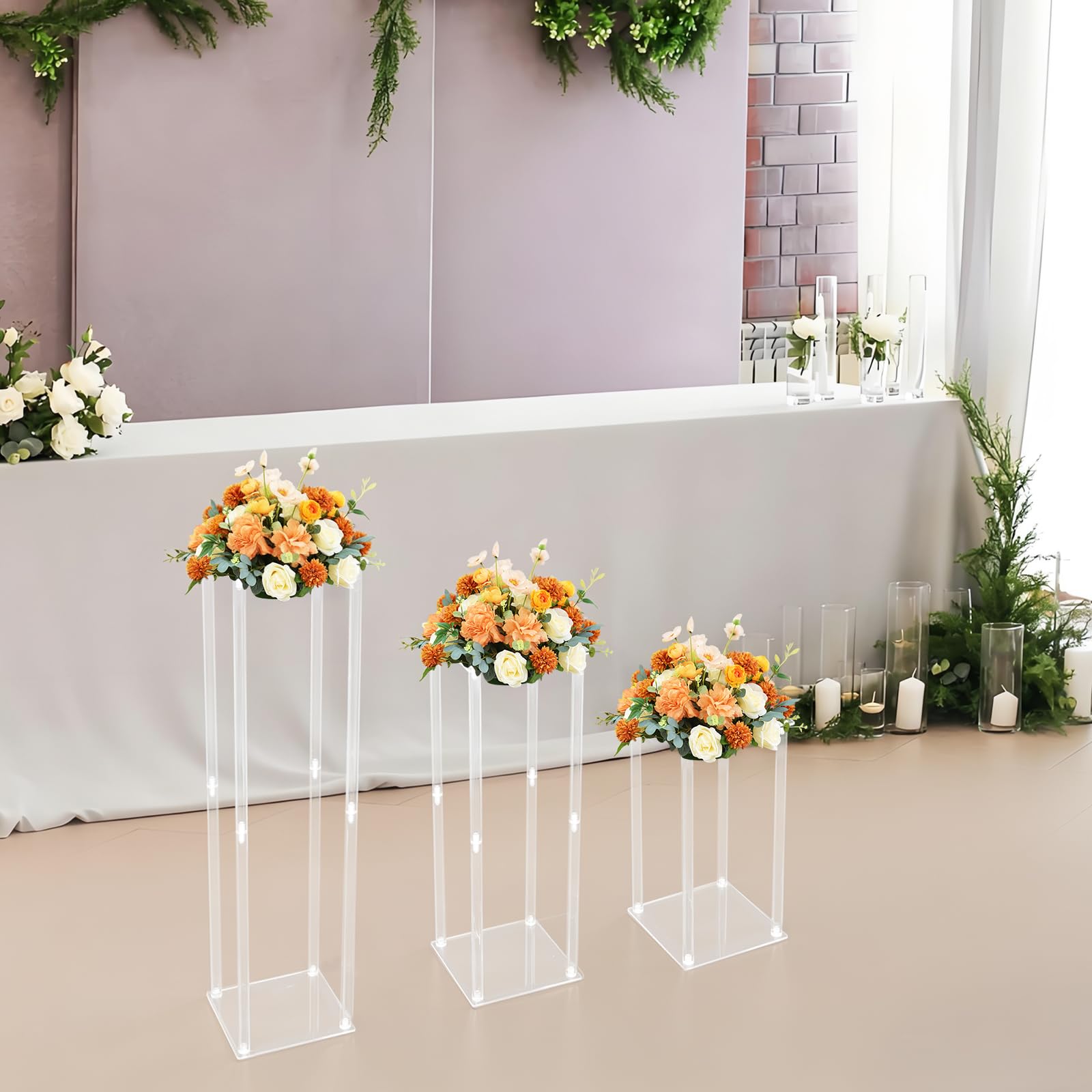 Blumenständer für Hochzeit, Aufsteller, Acryl, Tischaufsteller, Set mit 3 | Transparentes Acryl, 3 Höhen 40/60/80 cm, einfache Montage, Verwendung im Innen- und Außenbereich, wiederverwendbar