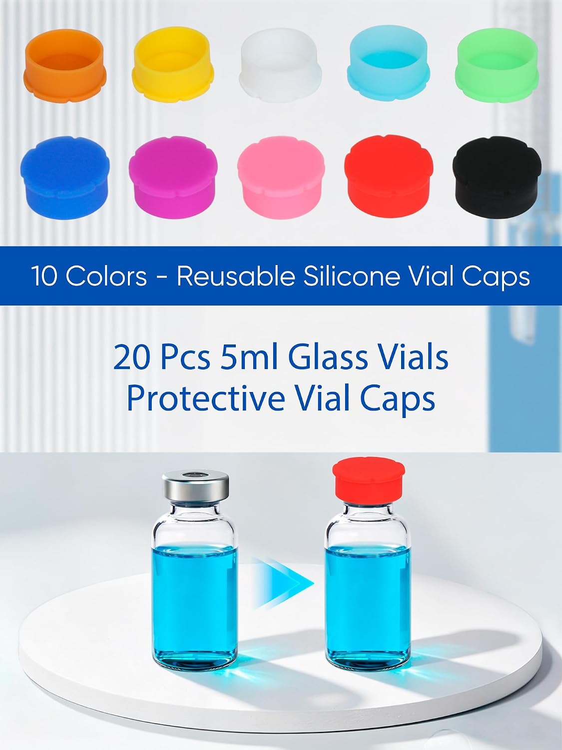 5ml Glass Vial Caps, Peptide Vial Caps, Reusable Vial Cap Covers Peptide & Insulin, Silicone Protective Caps for 5ml / 10ml Glass Vials (20 Pcs / 10Colors)