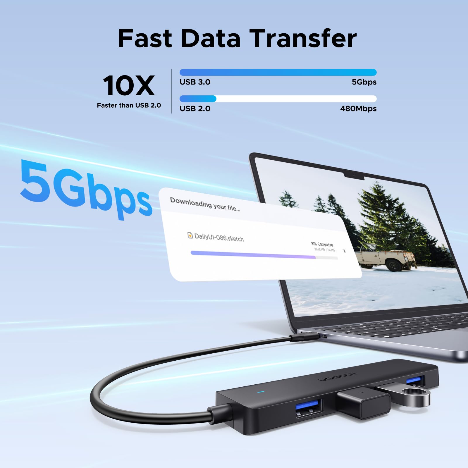 UGREEN USB-C Hub, 4-portowy hub USB 3.0, przedłużacz, transfer danych 5 Gb/s (15 cm)