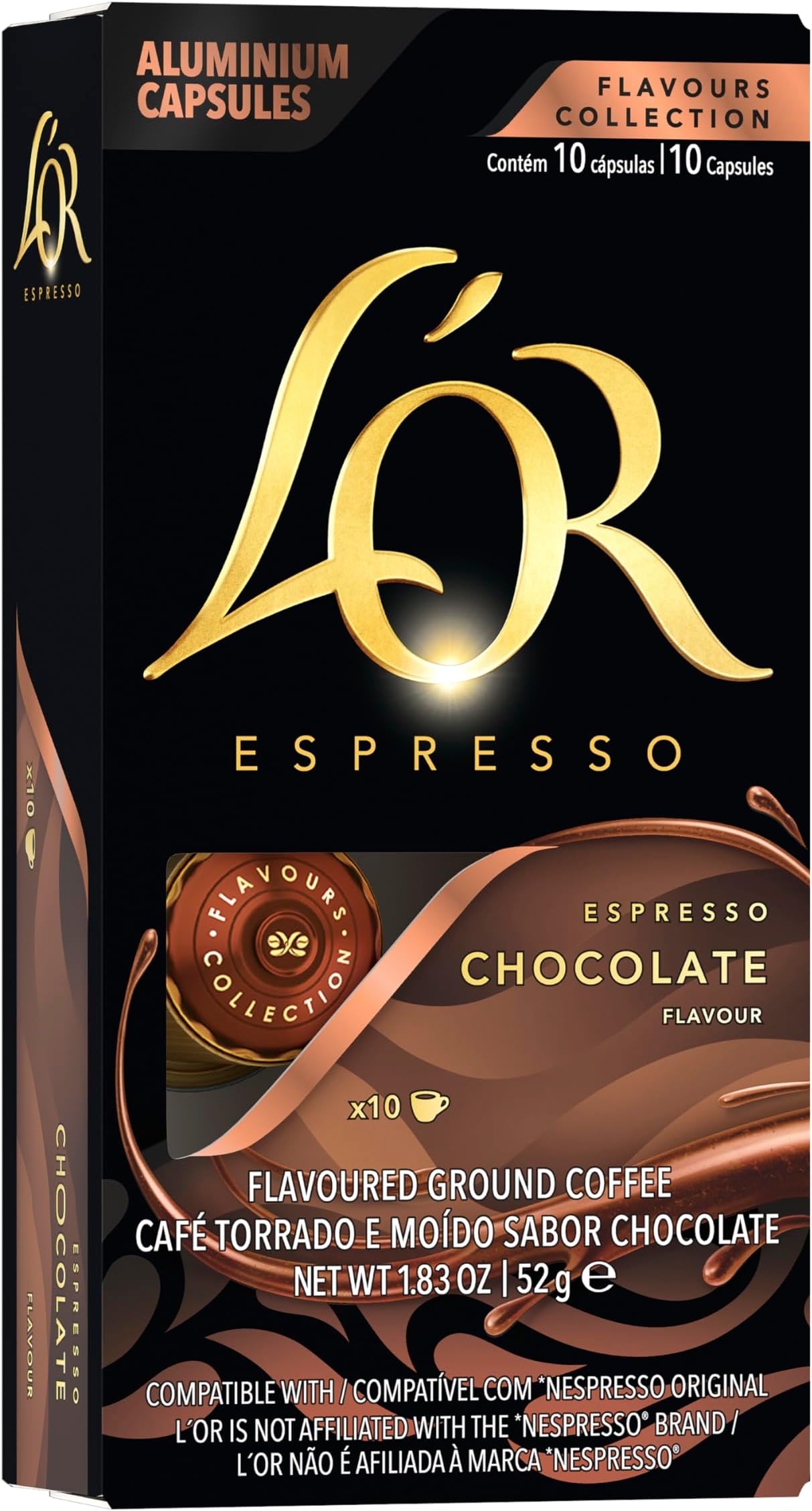 Espresso Capsules, 10 Count Chocolate, Single-Serve Aluminum Coffee Capsules Compatible with the L'OR BARISTA System & *Nespresso Original Machines, 10 Count (Pack of 10)