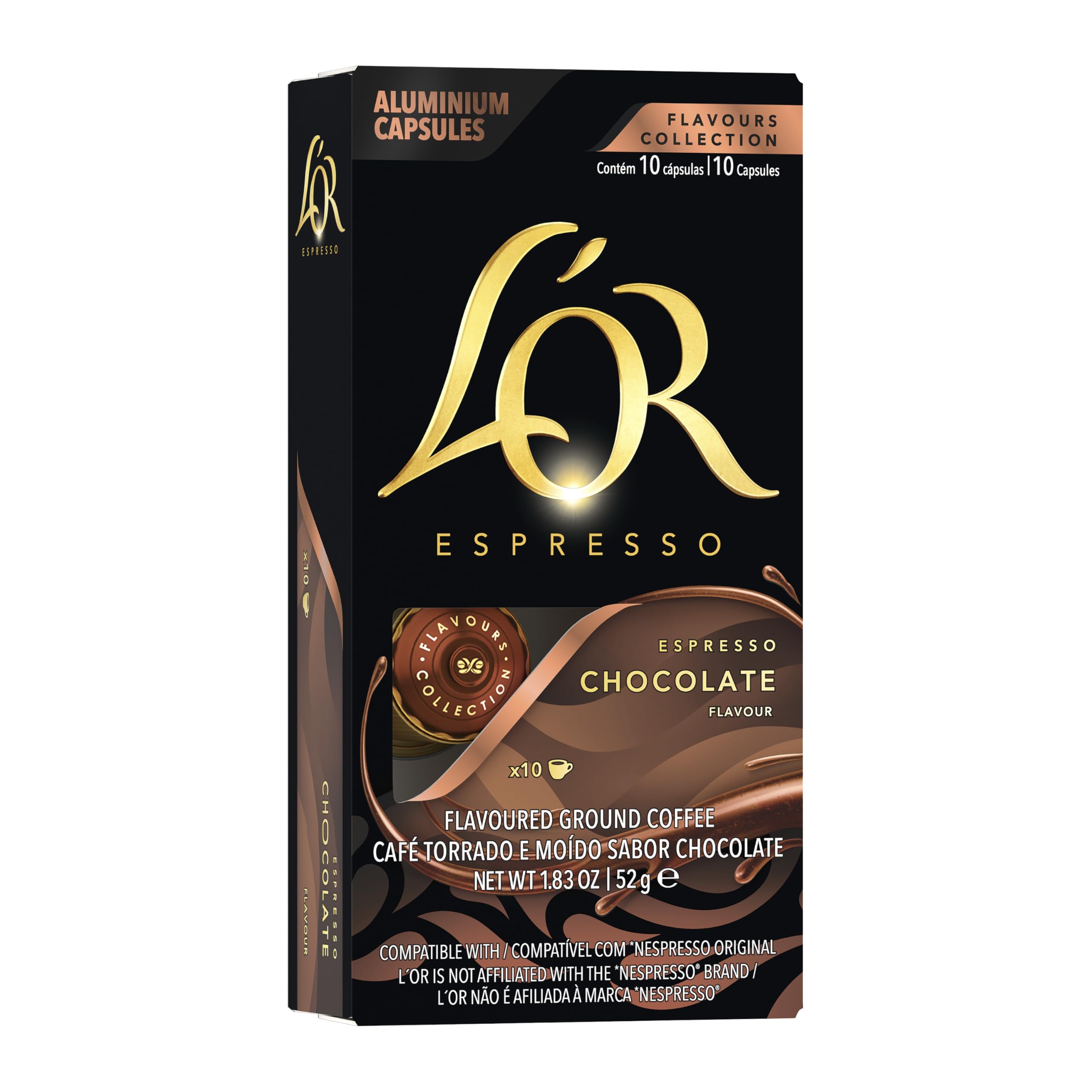 L'OREspresso Capsules, 10 Count Chocolate, Single-Serve Aluminum Coffee Capsules Compatible with the L'OR BARISTA System & *Nespresso Original Machines, 10 Count (Pack of 10)