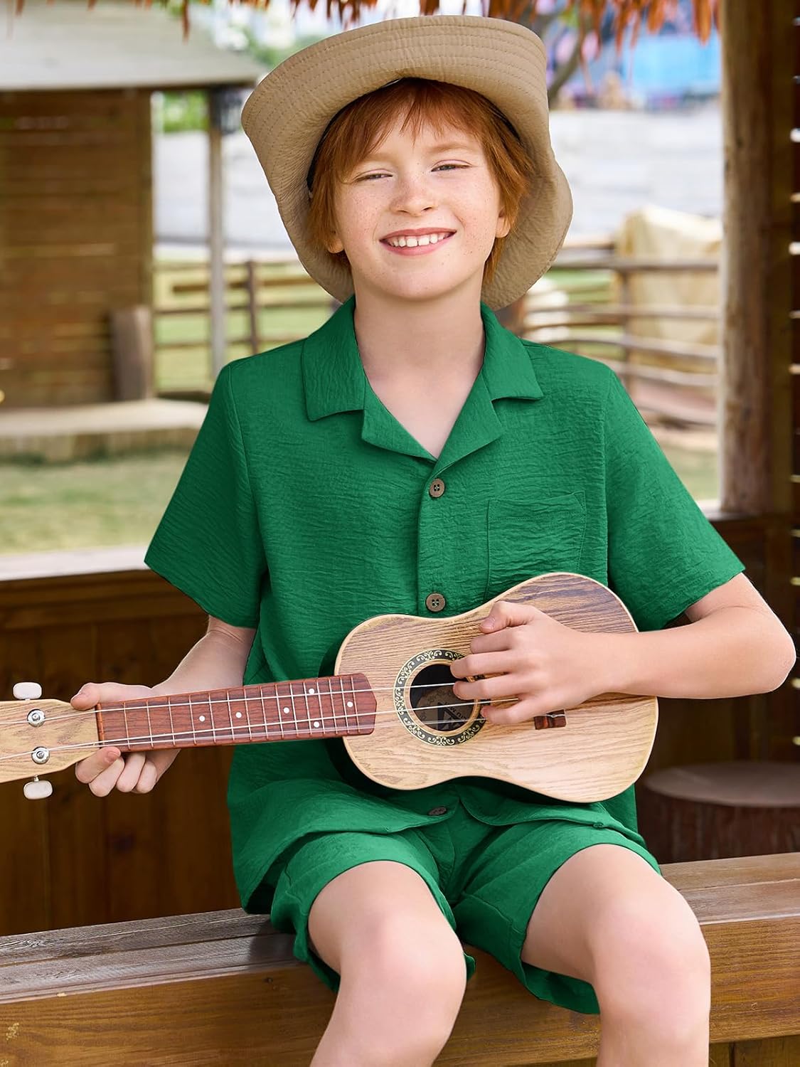 Haloumoning Boys 2 Pieces Summer Outfits Beach Short Sleeve Button Down Shirts and Shorts Vacation Texture Sets for Kids - Image 3