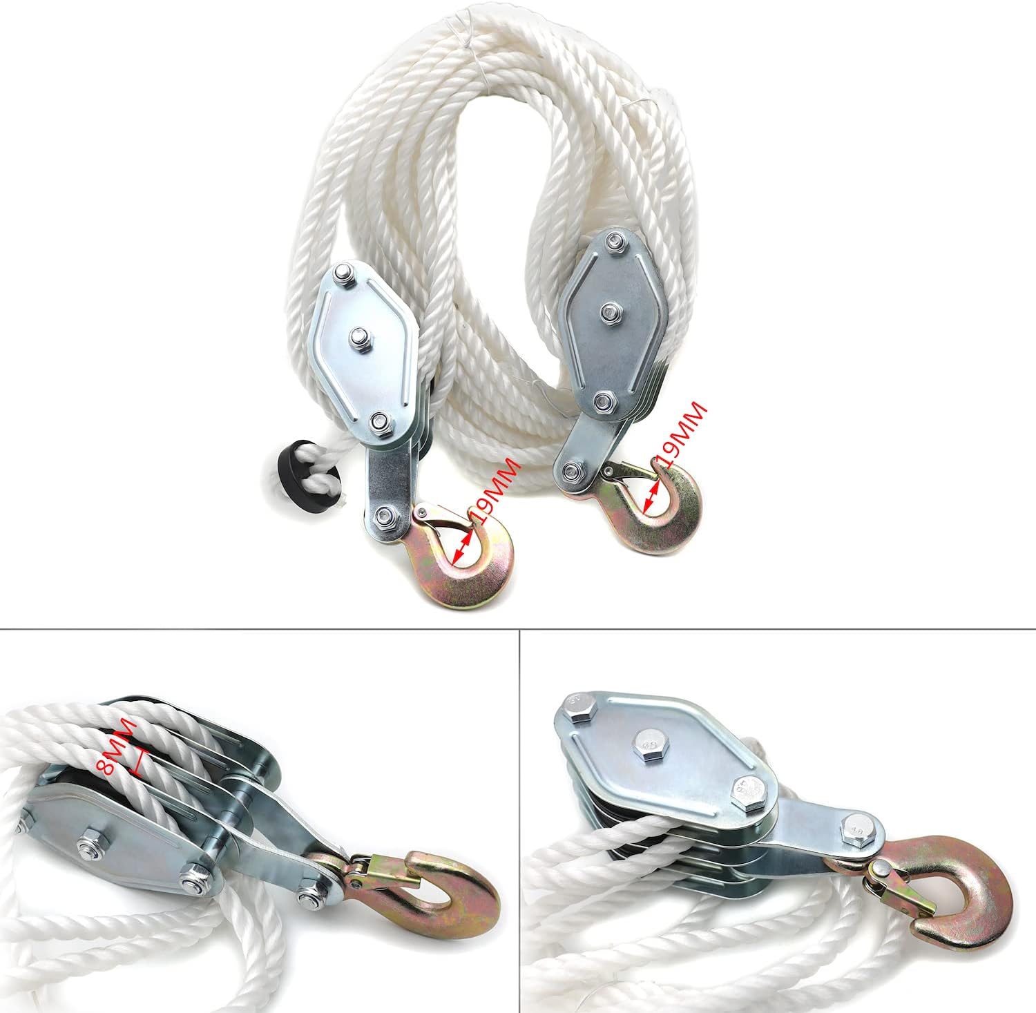 XKH- 4000LB 2 Ton 65FT of 5/16" / Poly Rope Hoist Pulley Block And Tackle Rope For 7:1 Lifting [P/N: ET-CAR-FIX011-SR] : Industrial & Scientific