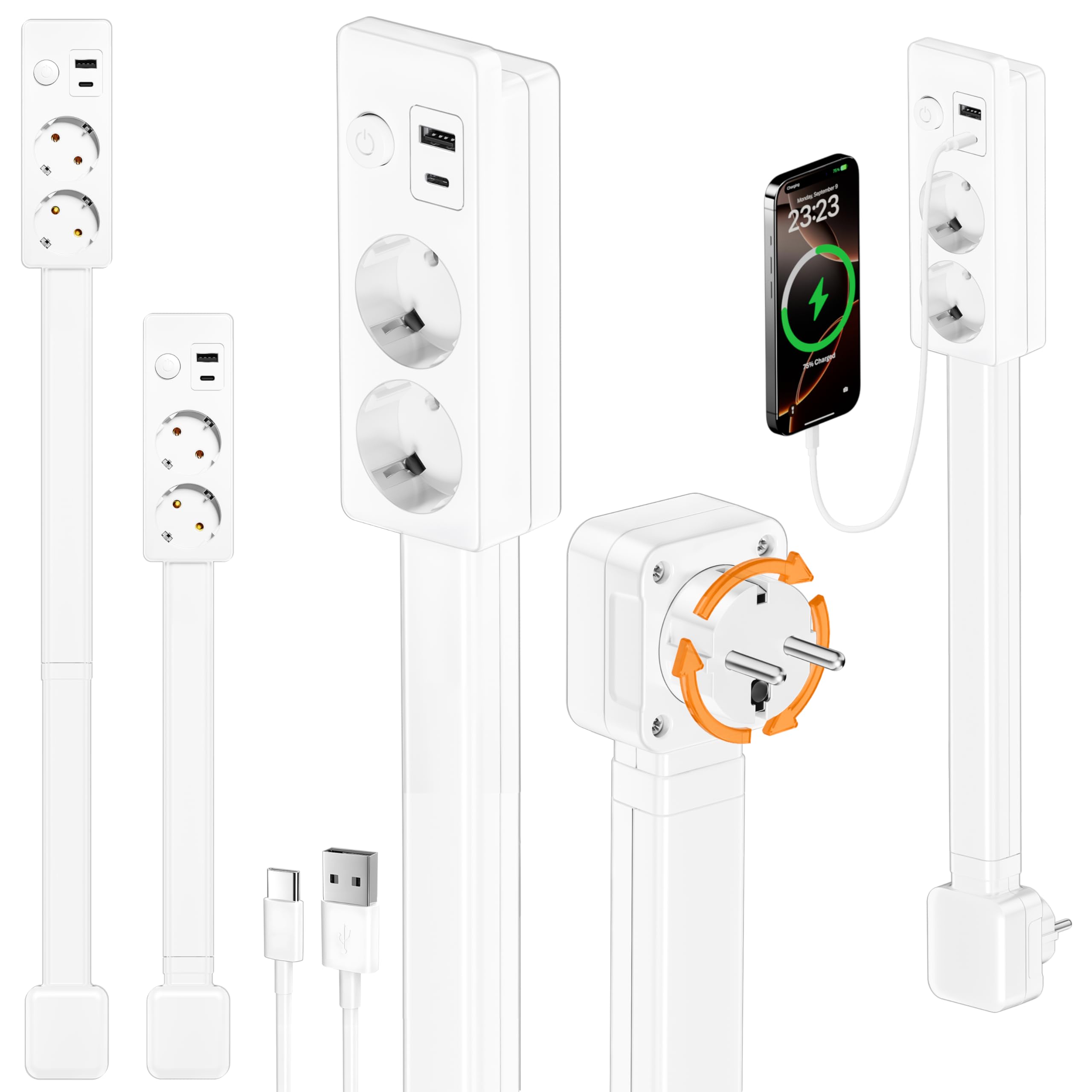 Przedłużacz elektryczny rozsuwany i obrotowy 180° z 2 gniazdkami Schuko i 2 portami USB (A+C), 48-71 cm, za meble i do ciasnych przestrzeni – Certyfikat CE
