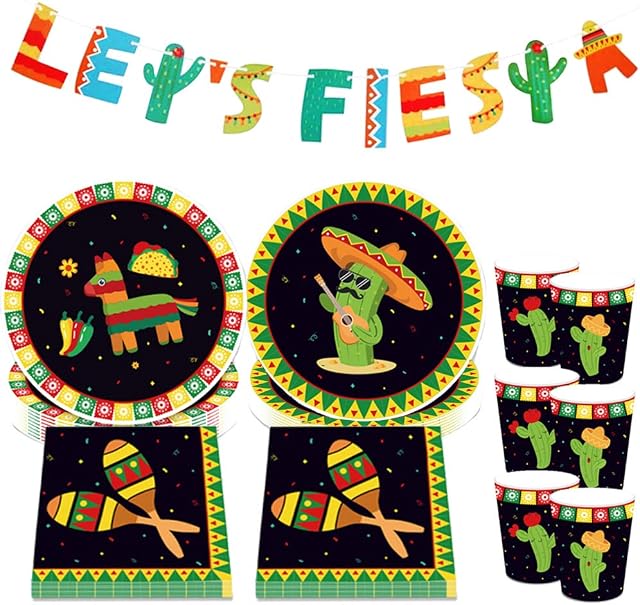 JeVenis Mexican Party Plates and Napkins Sets Lets Fiesta Banner Mexican Party Supplies Fiesta Party Decoration Mexican Party Favors