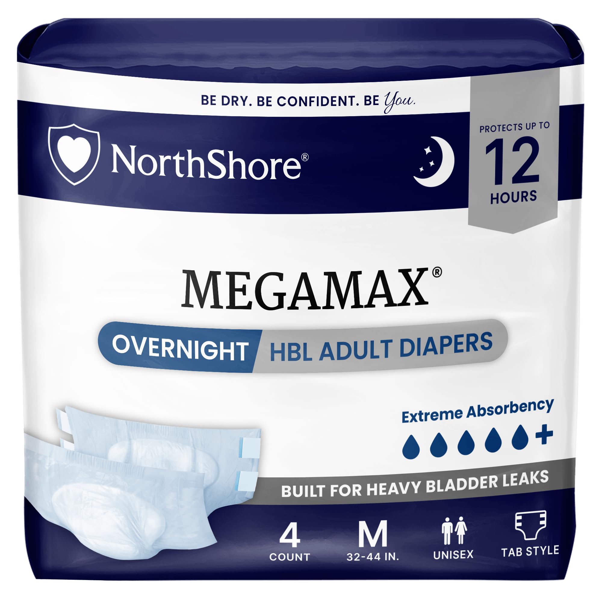 MegaMax HBL Adult Diapers with Tabs, White, Medium, 4 Count