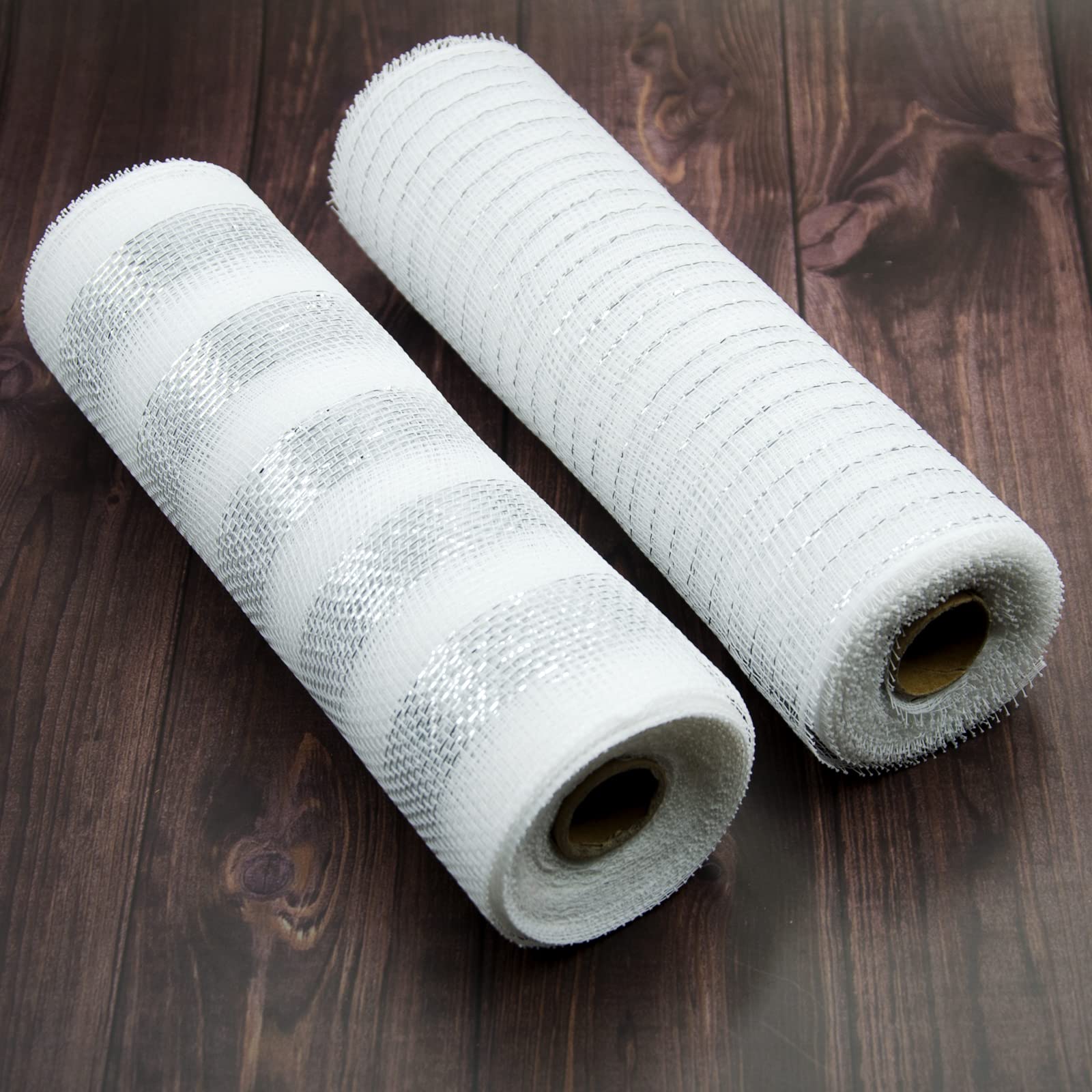 2 Rolls Decor Mesh Poly Ribbons 10 Inch x 30 Feet Each Roll Metallic Foil Mesh Ribbon Christmas Tree Decorative Mesh Silver and White Rolls for Xmas Wreaths,Swags and Home Decorating - Image 4