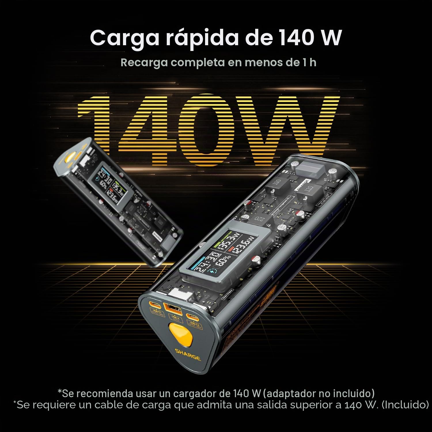 SHARGE SHARGEEK 170 Power Bank 140W Cargador portátil 24,000mAh 84,6Wh con 2 USB-C y 1 USB-A, Pantalla Inteligente, Carga Rápida PD3.1 para MacBook Pro, iPhone 16/15/14 Pro