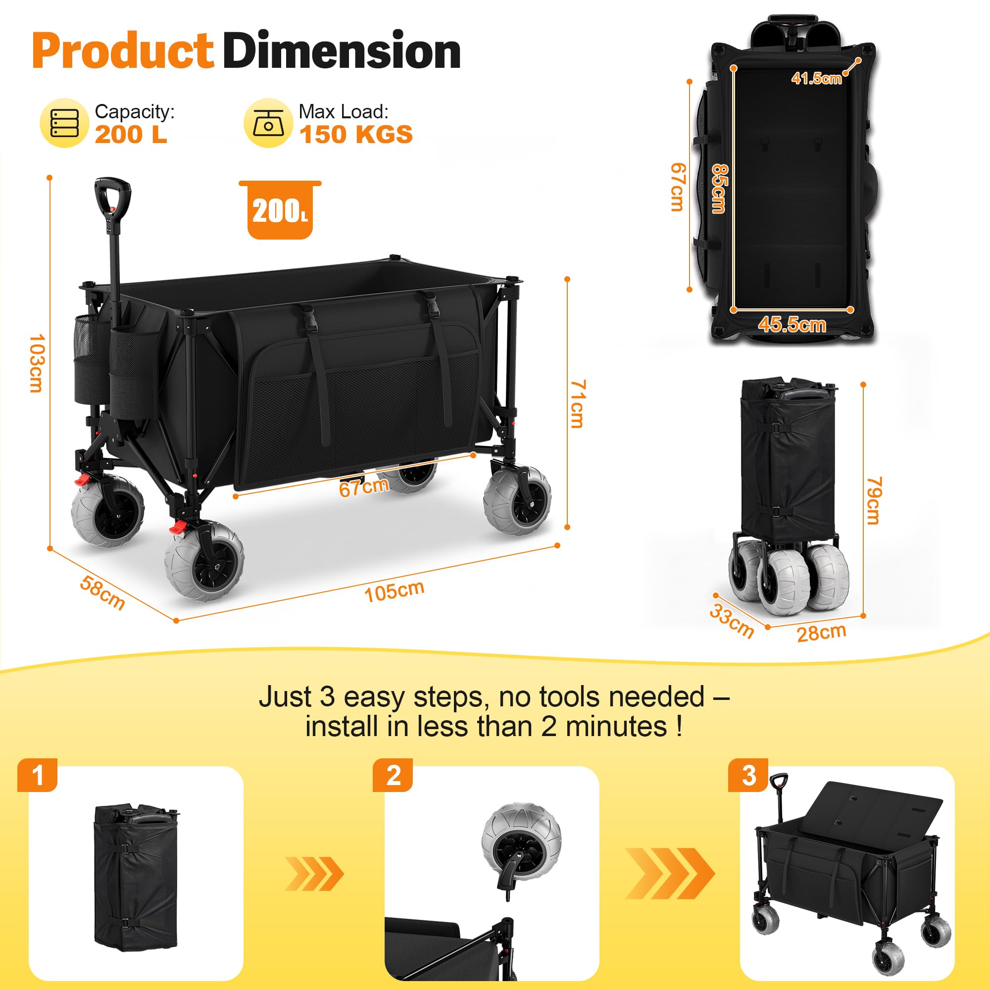 Devoko Carro Playa Plegable con Ruedas Todoterreno 200L 150 kg,Carrito Playa de PU extraanchas 21,5x10 cm, Carro para la Playa | asa Ajustable giratoria 90°para Playa,Camping,Compras(Negro)