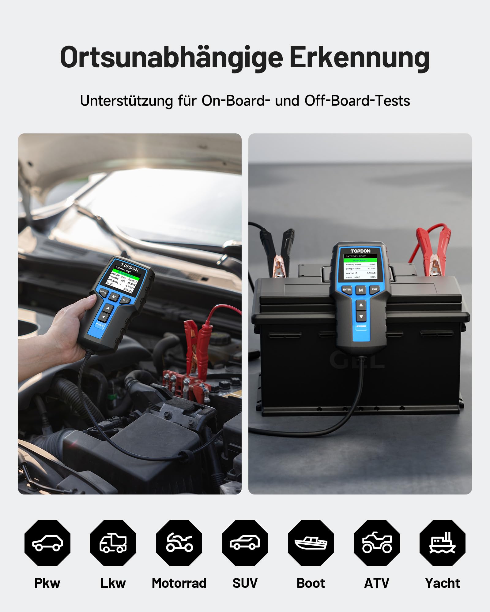 TOPDON Autobatterie Tester BT200, 12V 24V batterietester kfz 100-2000 CCA, batterie tester auto Lade-Anlasser-System Autoatterie analysator für LKW Schiff SUV Boot