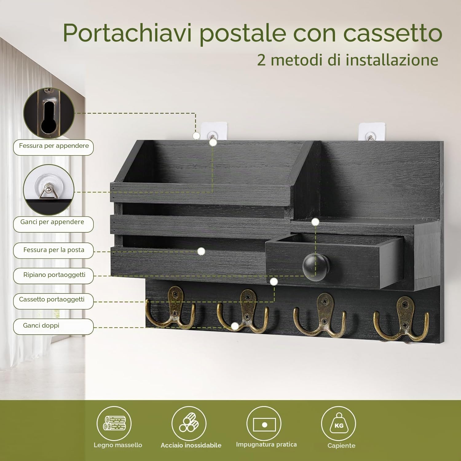 Appendi Chiavi a Muro con Cassetto Portaoggetti, Appendi Chiavi Ingresso con 4 Doppio Ganci, Portachiavi da Parete in Legno, Mensola da Parete per Casa, Ingresso, Ufficio - Nero