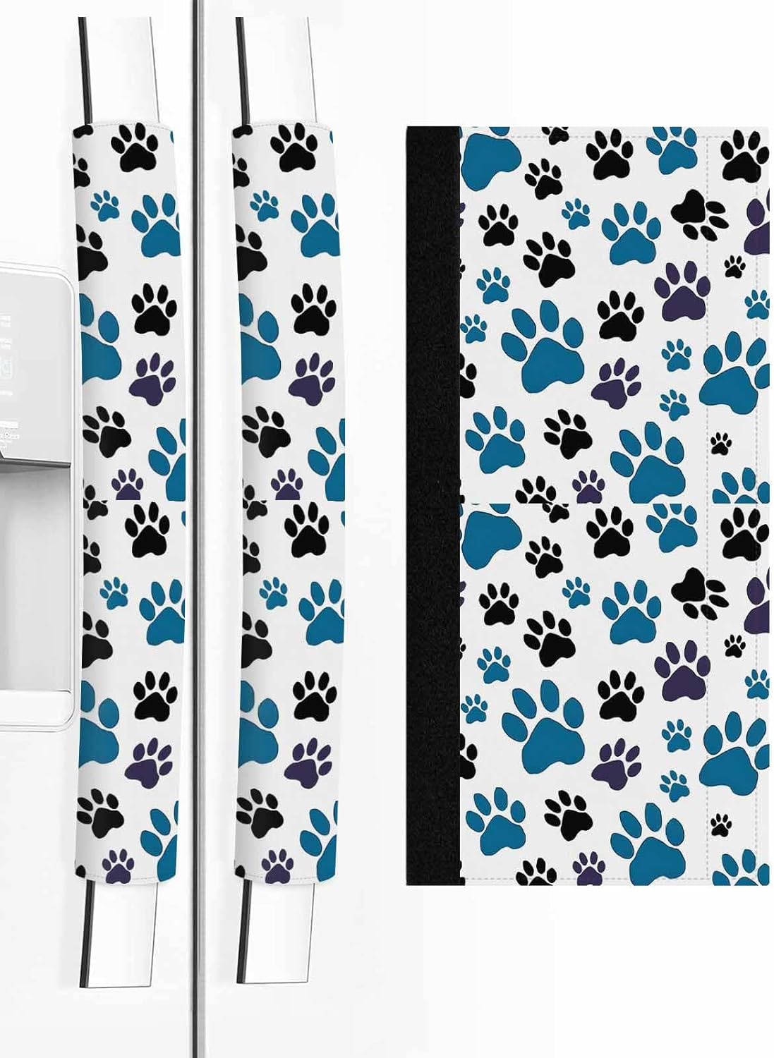 Blue Paw Print Refrigerator Door Handle Covers Set of 2, Black Animals Cat Dog Colored Cartoon Kitchen Fridge Microwave Oven Dishwasher Stove Cabinet Handle Protectors, Washable Appliance Decor