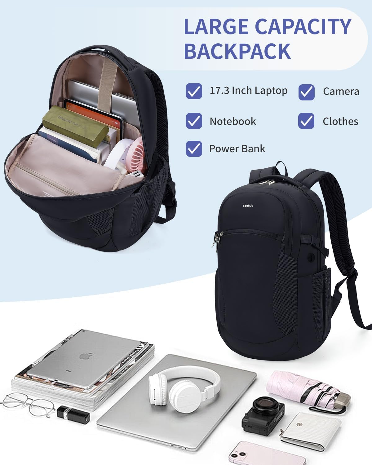 ECOHUB 17" Laptop Backpacks with Laptop Compartment Work Backpack Women Lightweight & Water Resistant Travel Backpack,Black