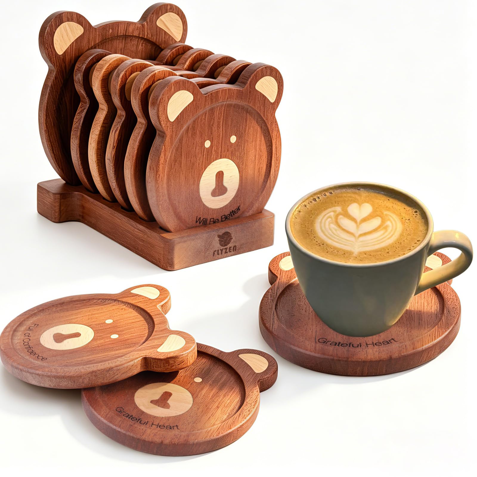 Set 6 sottobicchieri legno rotondi orso incastonato mano 11,5x9,5x1 cm marrone scuro