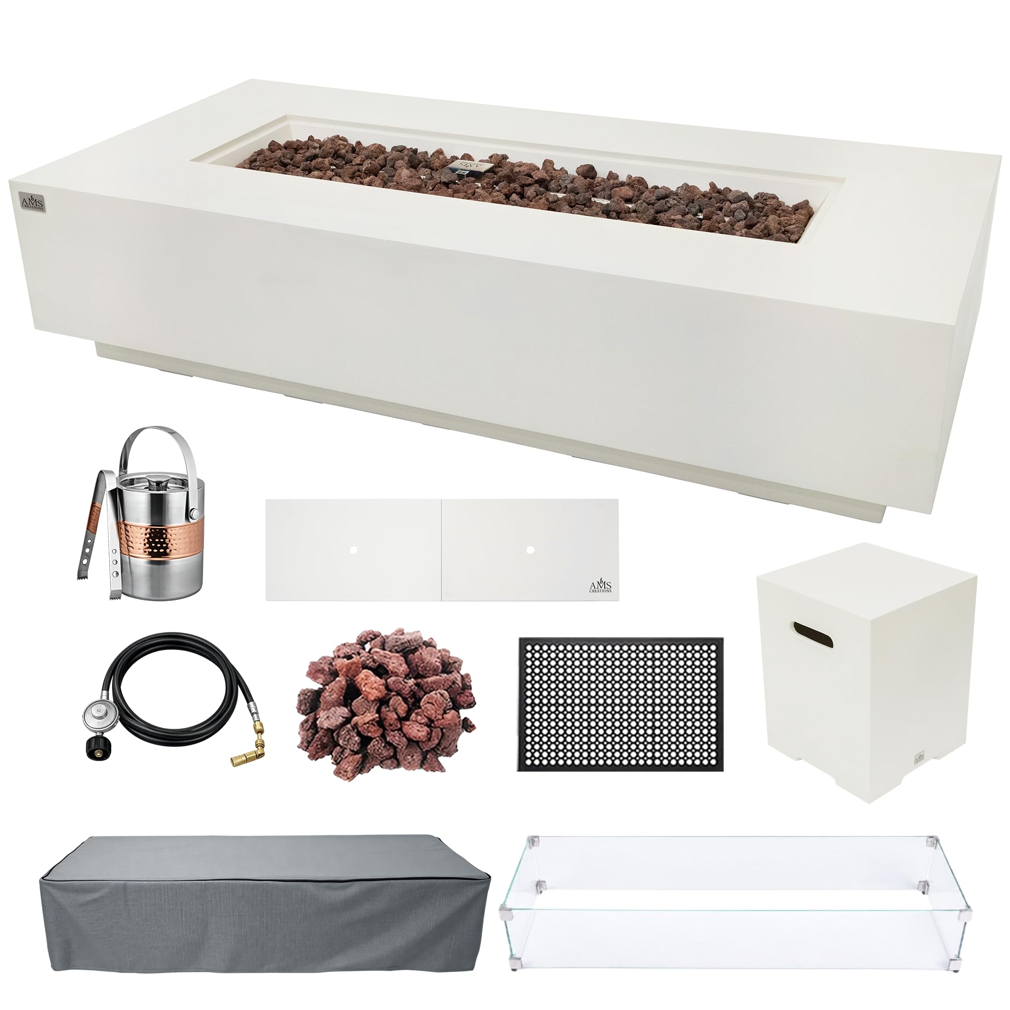 AMS 72" Rectangular Concrete Propane Gas Fire Pit Table Bundle Cream/White
