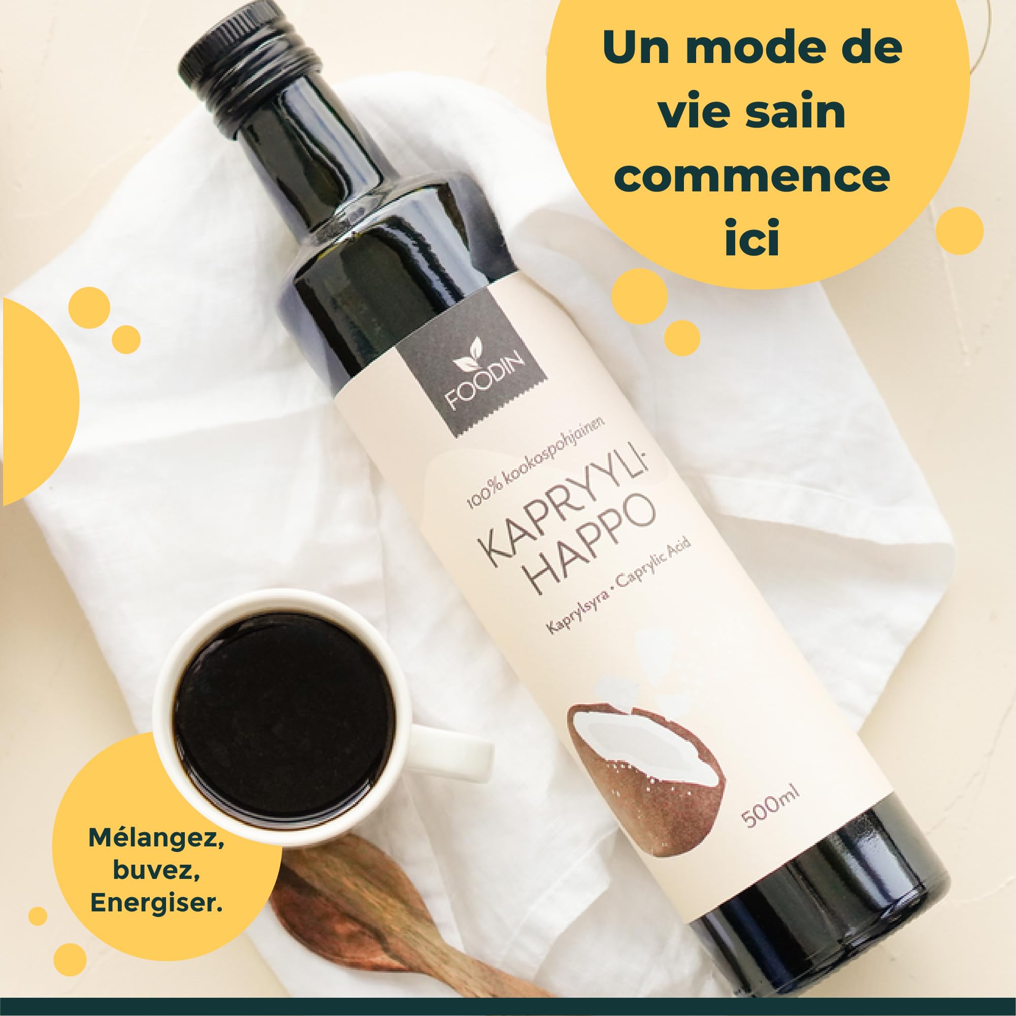 FOODIN Huile MCT C8 – 1000 ml (2 x 500 ml) – 100% C8 à base de Coco – Sans Goût – Pour Régime Cétogène – 3x Plus de Cétones