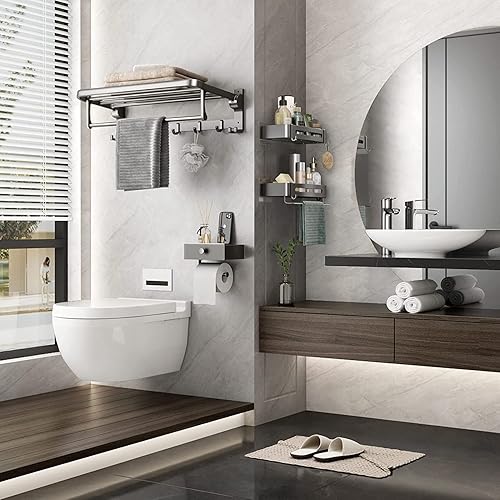 Miniatura 3 de Mustorn Estantes de ducha adhesivos para ducha organizador de ducha gris paquete de 2 estantes de ducha inoxidables con toallero y ganchos extraíbles