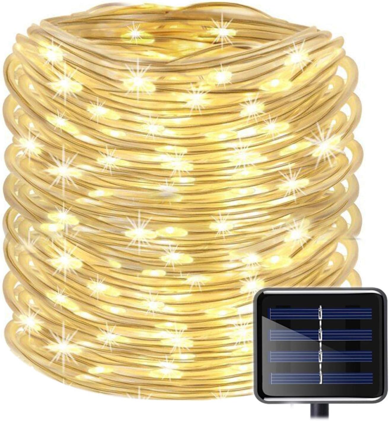 Outdoor Solar Rope Lights 8 Lighting Modes 100 LED(33ft) Waterproof PVC Tube String Fairy Christmas Lights Christmas tree Halloween Garden Patio Bedroom Wedding Decorations(Warm White)