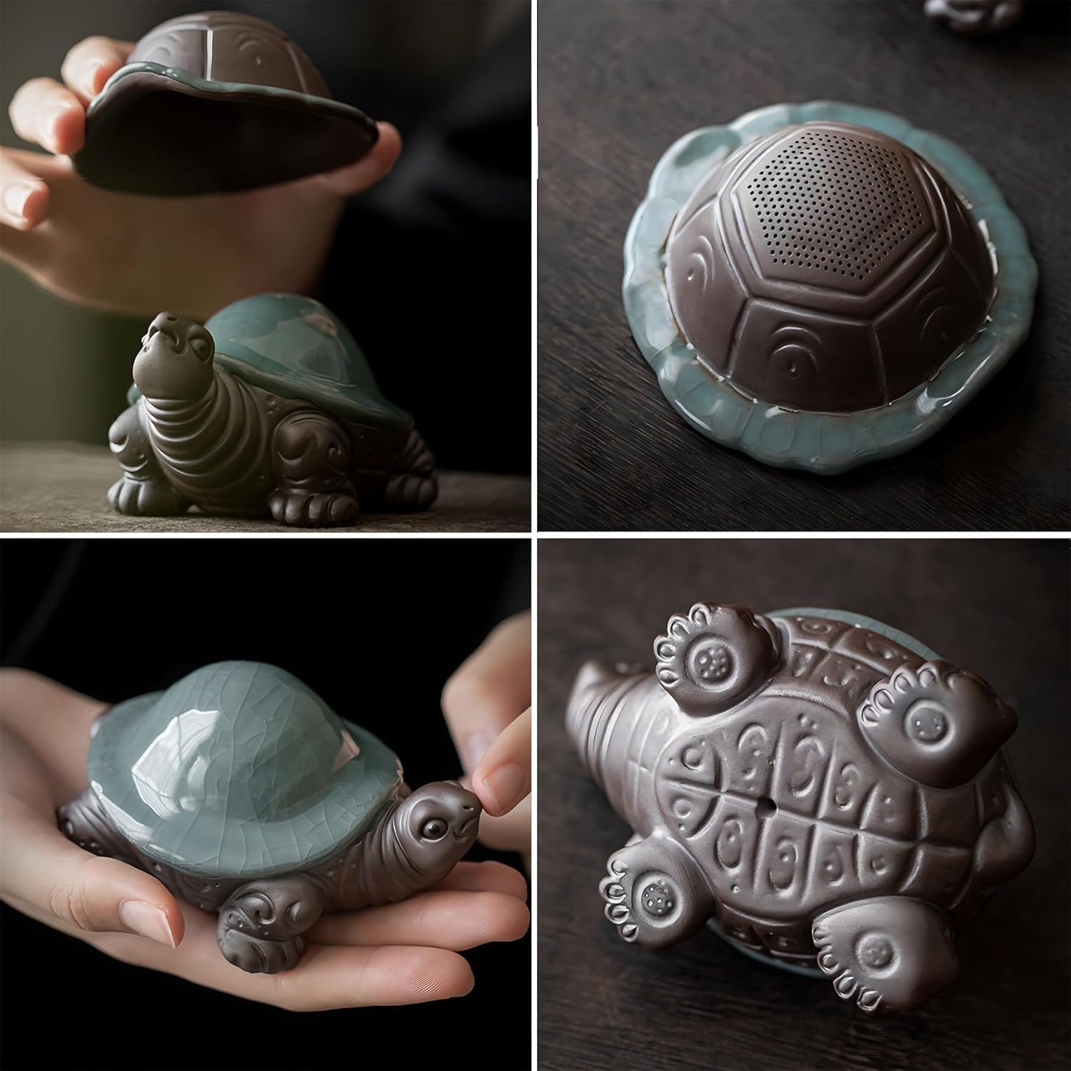 Ge Kiln Turtle Tea Pet: A Unique Porcelain Collectible with Turtle Shell Tea Strainer Included for Tea Tray Home Office Desk Feng Shui Decor Tea Lover's Gift (No Glass Pitcher)