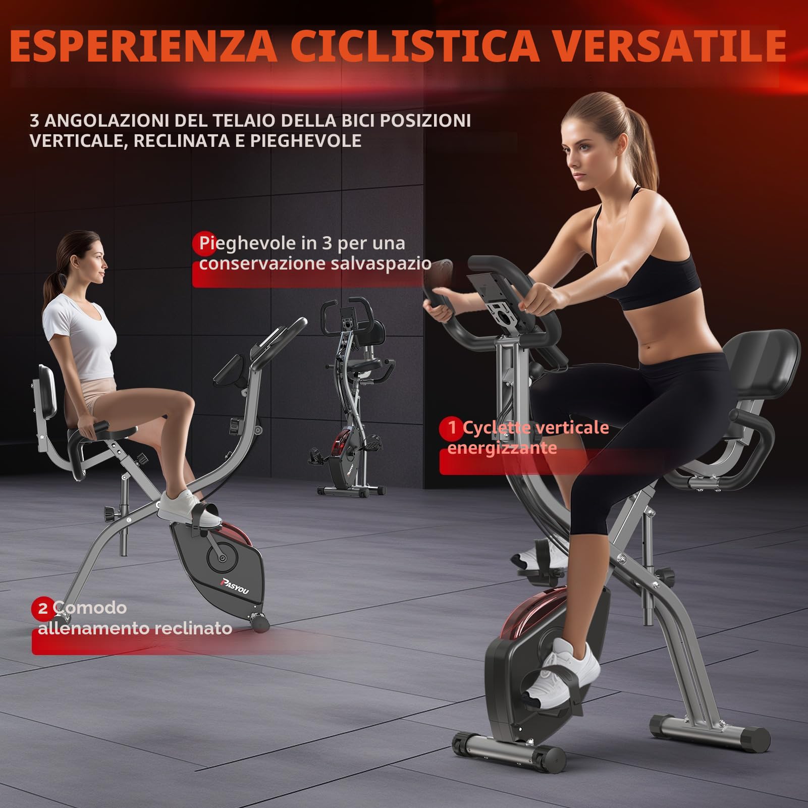 PASYOU Cyclette Pieghevole 3 in 1, Bicicletta magneticaper la Casa, Spinning Bike con monitor LCD e sensore di frequenza cardiaca, Cyclette a 10 livelli di resistenza magnetica,Salvaspazio