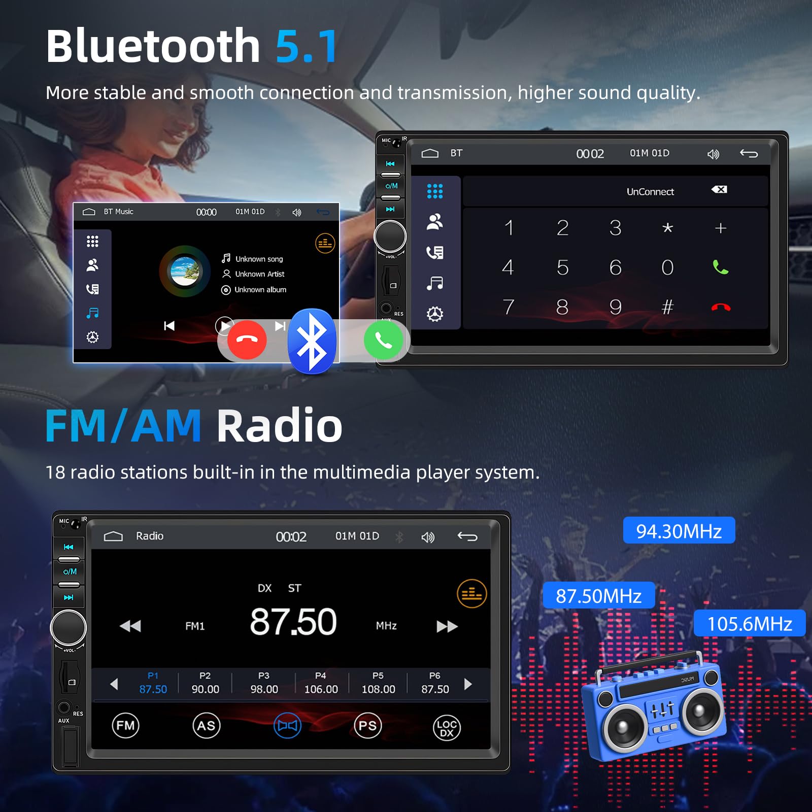 2 Din Autoradio Bluetooth con Carplay Android Auto, 7 Pollici Doppio Din Radio con Schermo, Stereo Auto Supporto MirrorLink/FM/USB/AUX/EQ/SWC/7 Colori Retroilluminazione+Telecomando