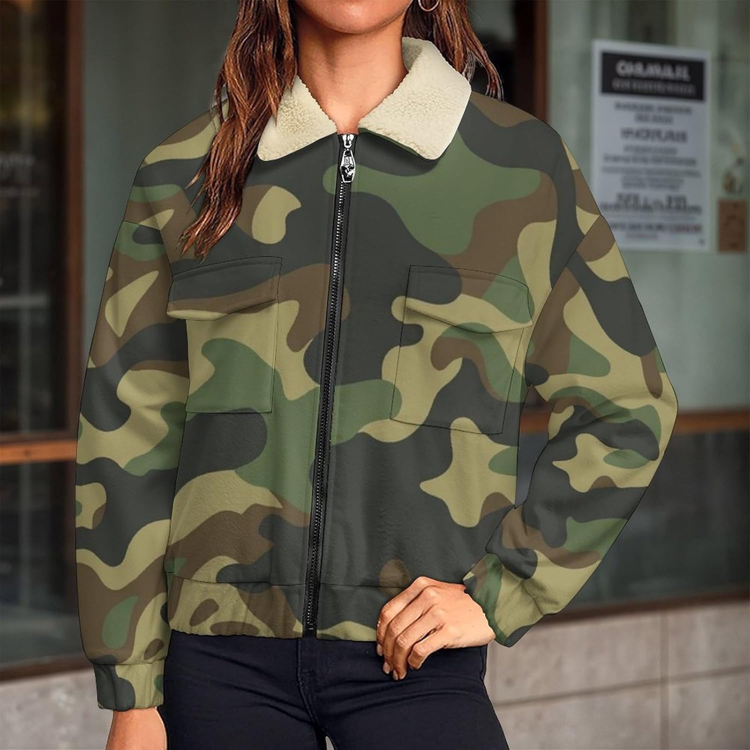 German Flecktarn Camo Jackets Womans Zip Sweatshirt Long Sleeve Warm Sports Top Causal Pockets Stand Collar Coat