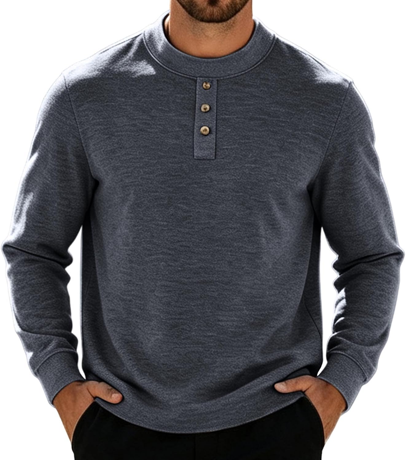 Mens Crew Neck Shirt Long Sleeve Button Placket Casual Pullover
