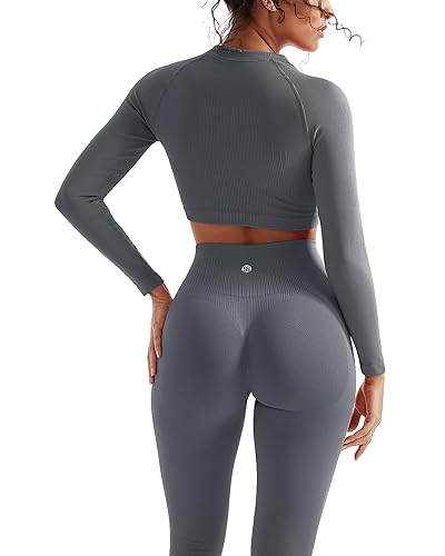 SUUKSESS Women 2 Piece Workout Sets Hidden Scrunch Hip Lifting Seamless Leggings Long Sleeve Yoga Crop Tops