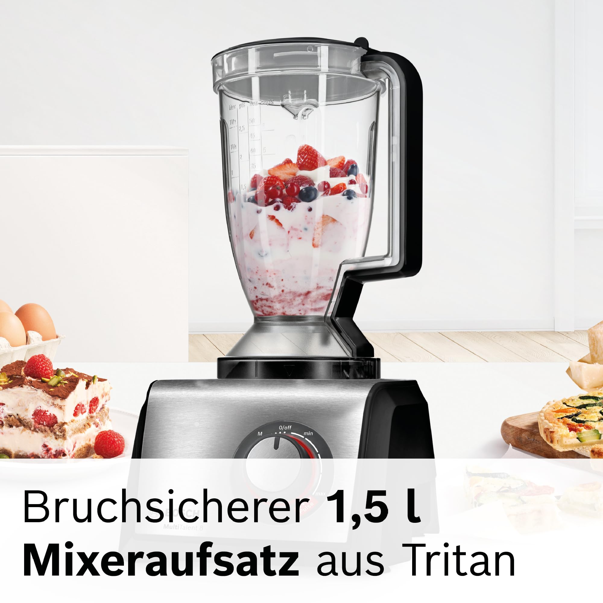 Bosch Kompakt-Küchenmaschine MultiTalent 8 MC812M814, vielseitig, XXL-Rührschüssel 3,9 L, Mixer 1,5 L, Universalmesser, Rührbesen, schneiden und raspeln (fein/grob), 1250 Watt, schwarz/edelstahl