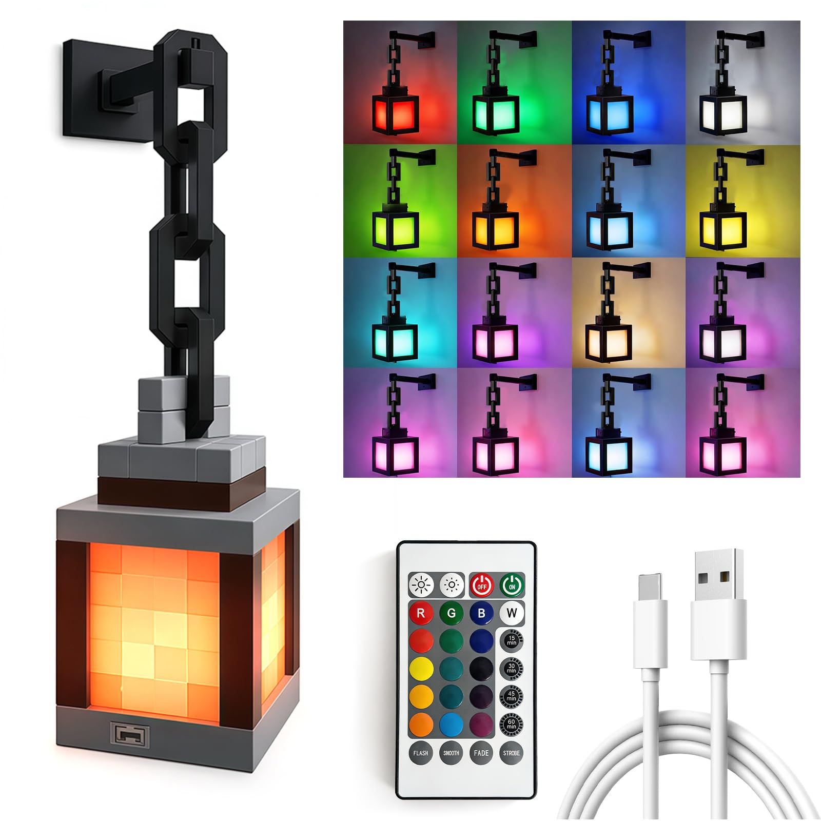 RoserRose Pixelated Lantern Nachtlicht Mit Fernbedienung,Wall Fackel Nachtlicht,16 Farben Mit Fernbedienung & Dimmfunktion Für Schlafzimmer, Camping Und Gamer Geschenk