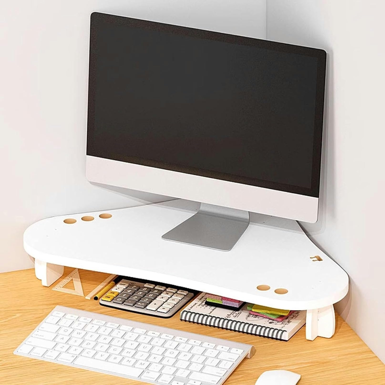 CGJseFH computer stand, Corner Monitor Stand with Pen Holder, Ergonomic Triangle Computer Screen Riser, Space Saving Office Desktop Organizer Shelf for Laptop/Printer,White(White)