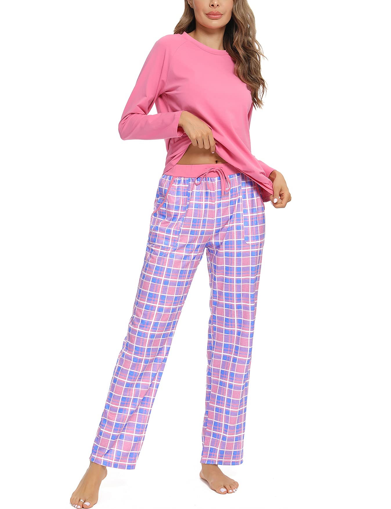 Uniexcosm Pigiama Donna, Pigiama a Quadri Donna Lungo Pigiama da Donna Cotone Leggero con Girocollo Pigiama 2 Pezzi Donna con Tasca Sciolto Accogliente per Casa e Casuale