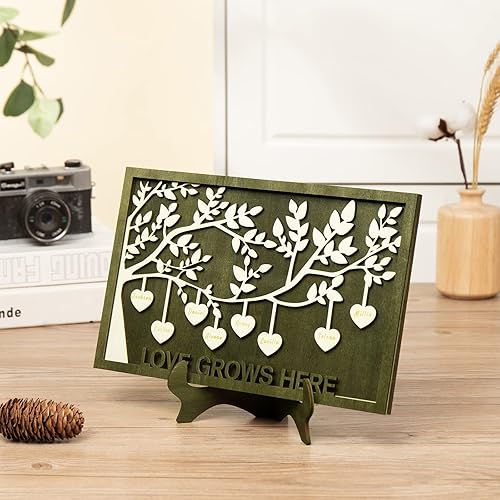 Vista 45 de Árbol genealógico con etiqueta de corazón, placas de madera grabadas personalizadas, regalos personalizados para madres, padres, escritorio, nombres