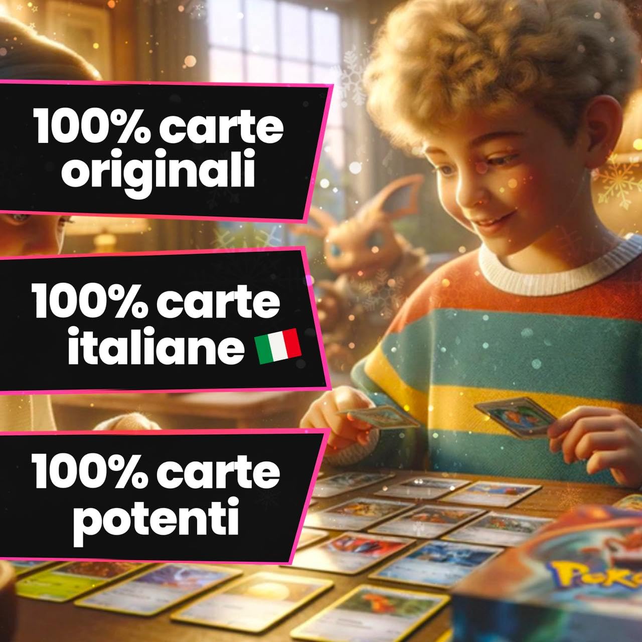 TCG Rocket Set NATALE - 100 Carte Pok Originali Italiane, Include 1 Ultra Rara, 5 Carte Luccicanti (Olo, Reverse) e Confezione Regalo Natalizia